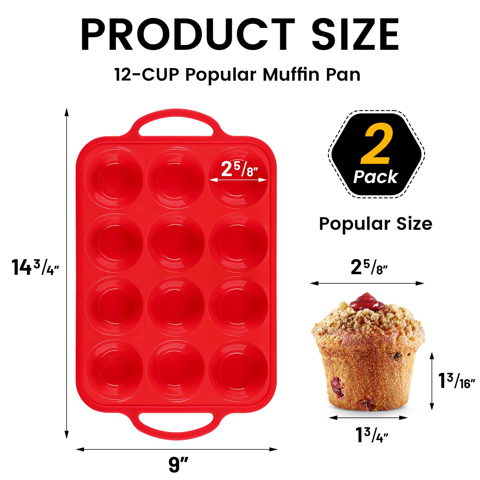 2-Pack Non-Toxic BPA-Free Silicone Muffin Pan with Metal Reinforced Frame - 12 Cup Regular Size Cupcake Baking Pan for Oven & Dishwasher Safe - Perfect for Home Baking, Party Treats & Holiday Desserts (Red)