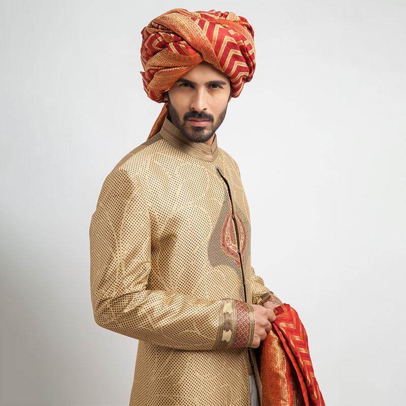 Antique Gold Grey Red Brocade Sherwani for Men - Elegant Indian Wedding Attire, Groom Outfit, Festive Occasion Wear, Cultural Ceremony Formal Dress