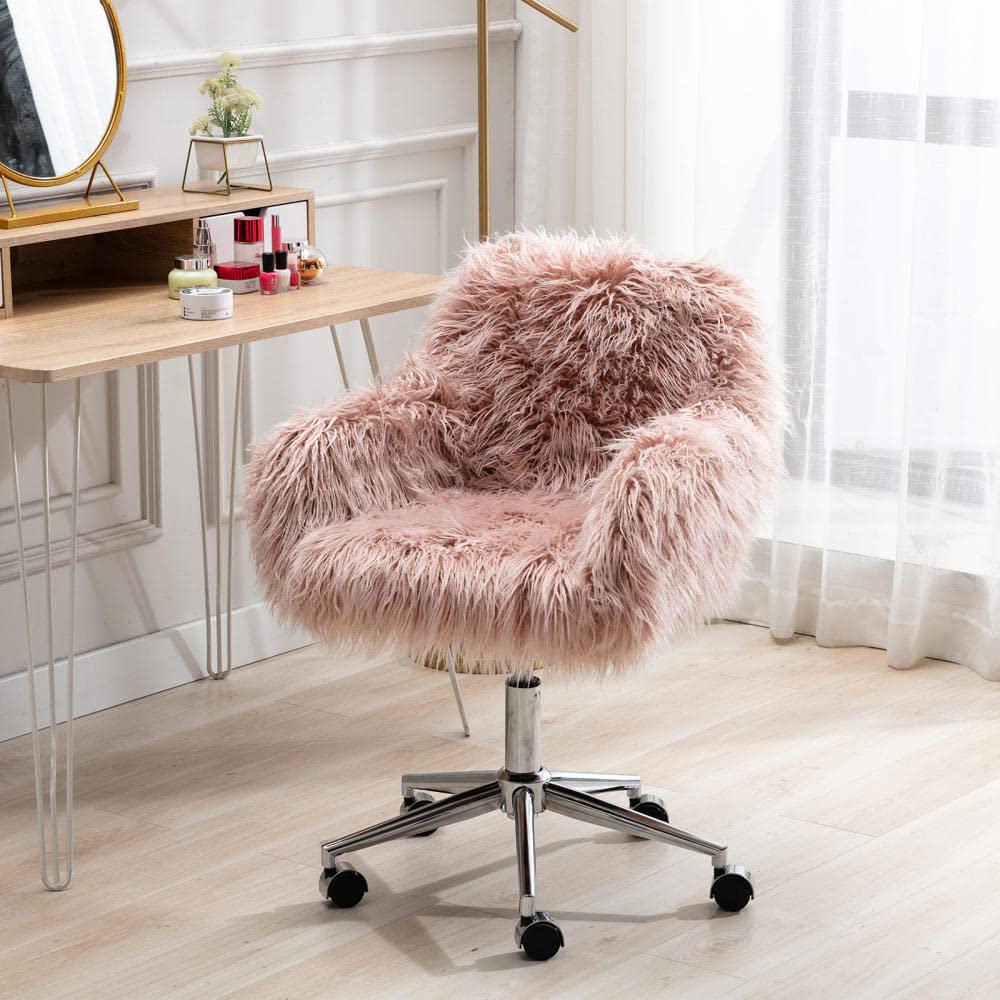 Modern Faux Fur Swivel Chair - Pink Fluffy Accent Chair for Home Office, Bedroom & Makeup Vanity | Heavy Duty Metal Frame with Chrome Base | Perfect for Girls Room Decor, Gaming Setup & Cozy Reading Nook