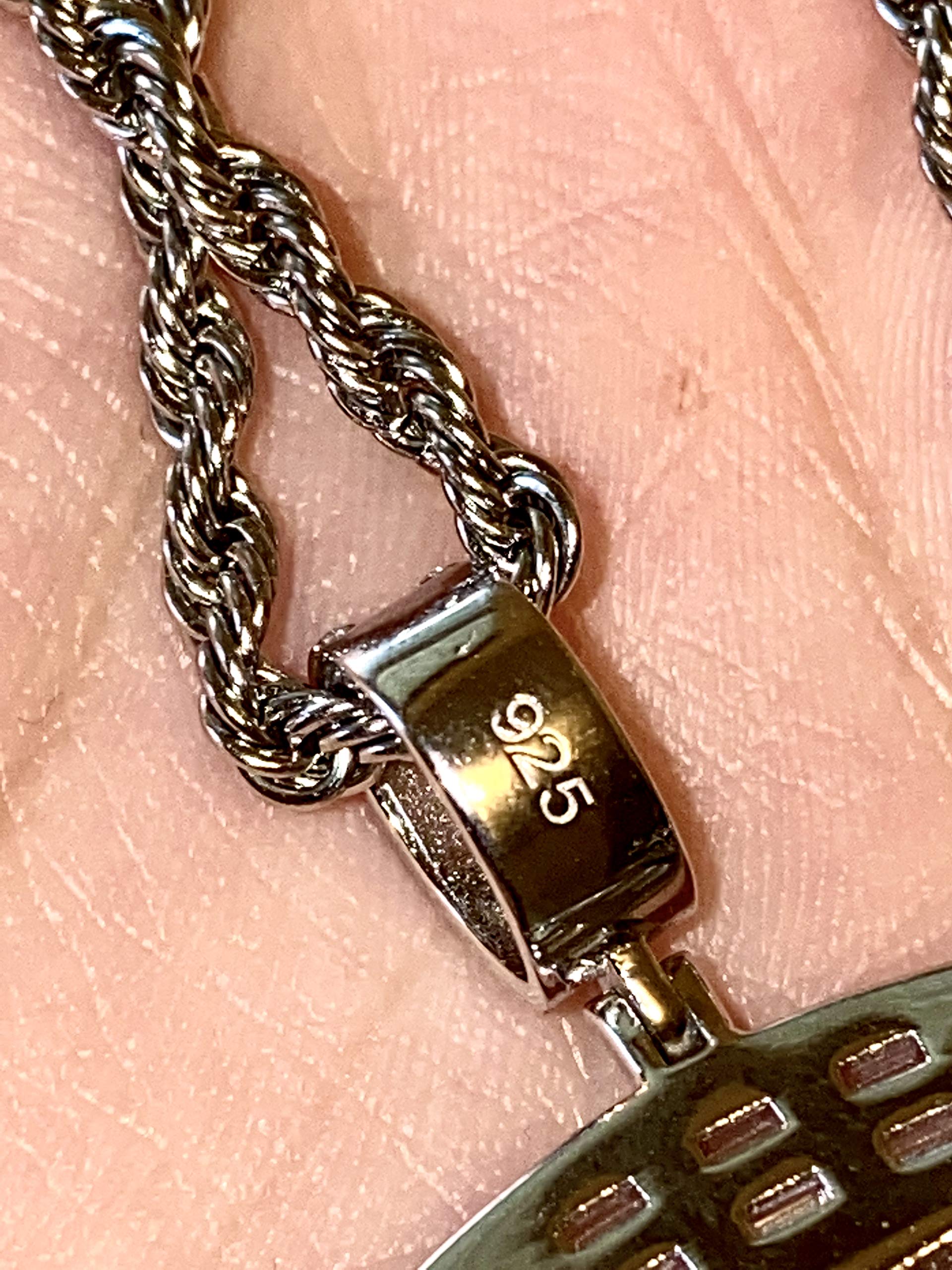 925 Sterling Silver Iced Out Pendant Necklace for Men & Women - Italy White Gold Finish Baguette Basketball Charm with 2mm Stainless Steel Rope Chain (16