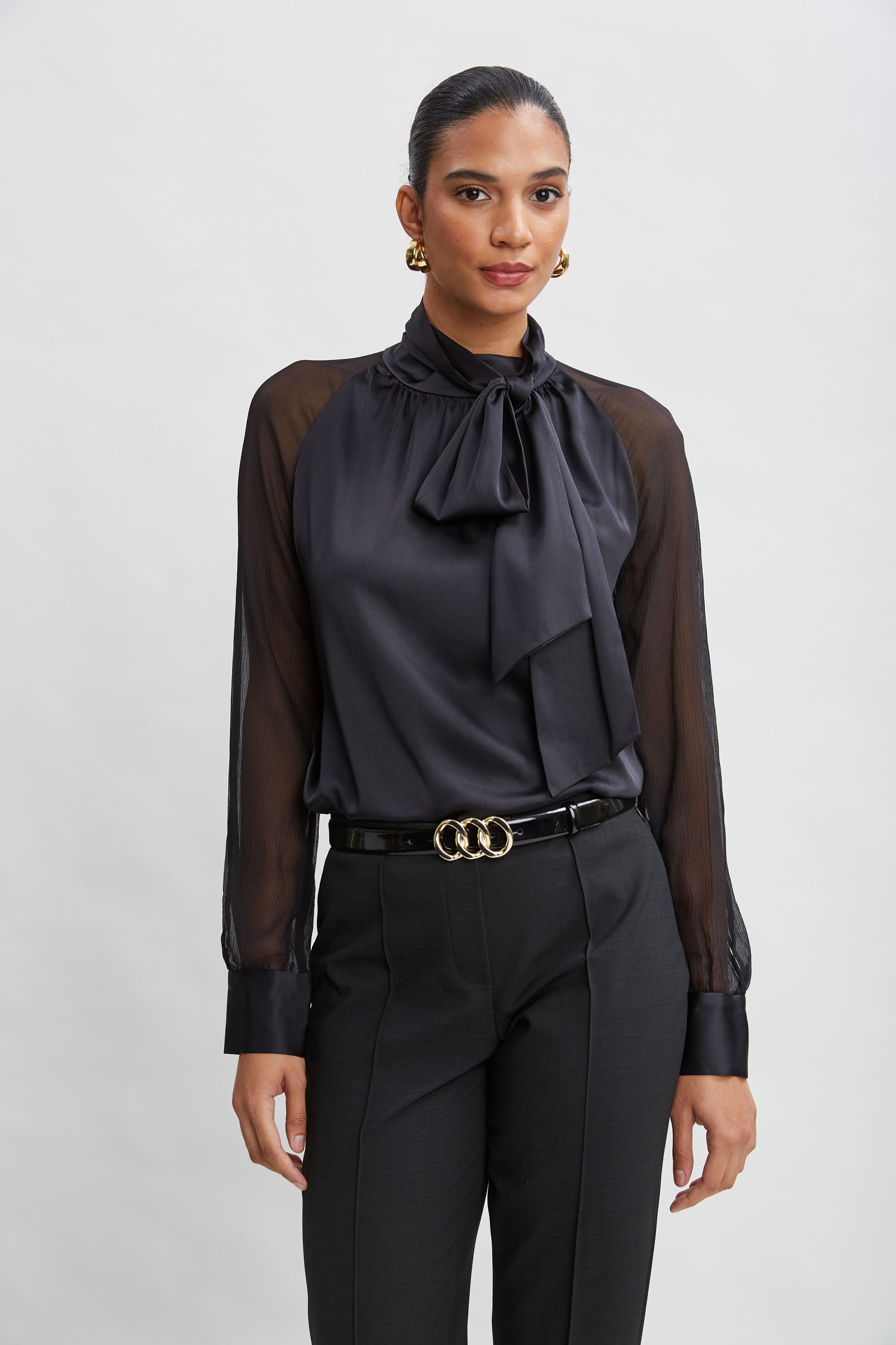 Elegant Chiffon Sleeve Silk Satin Tie Front Blouse for Women - Perfect for Office Wear, Date Night & Special Occasions