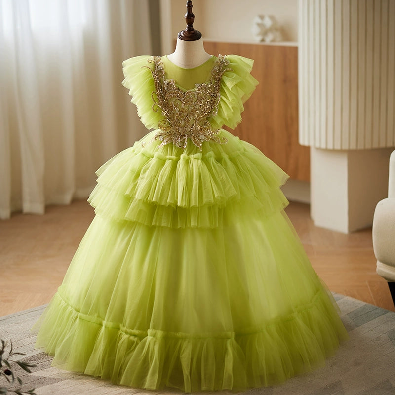Elegant Green Round Floor Length Tulle Flower Girl Dress for Weddings, Baptisms & Special Occasions