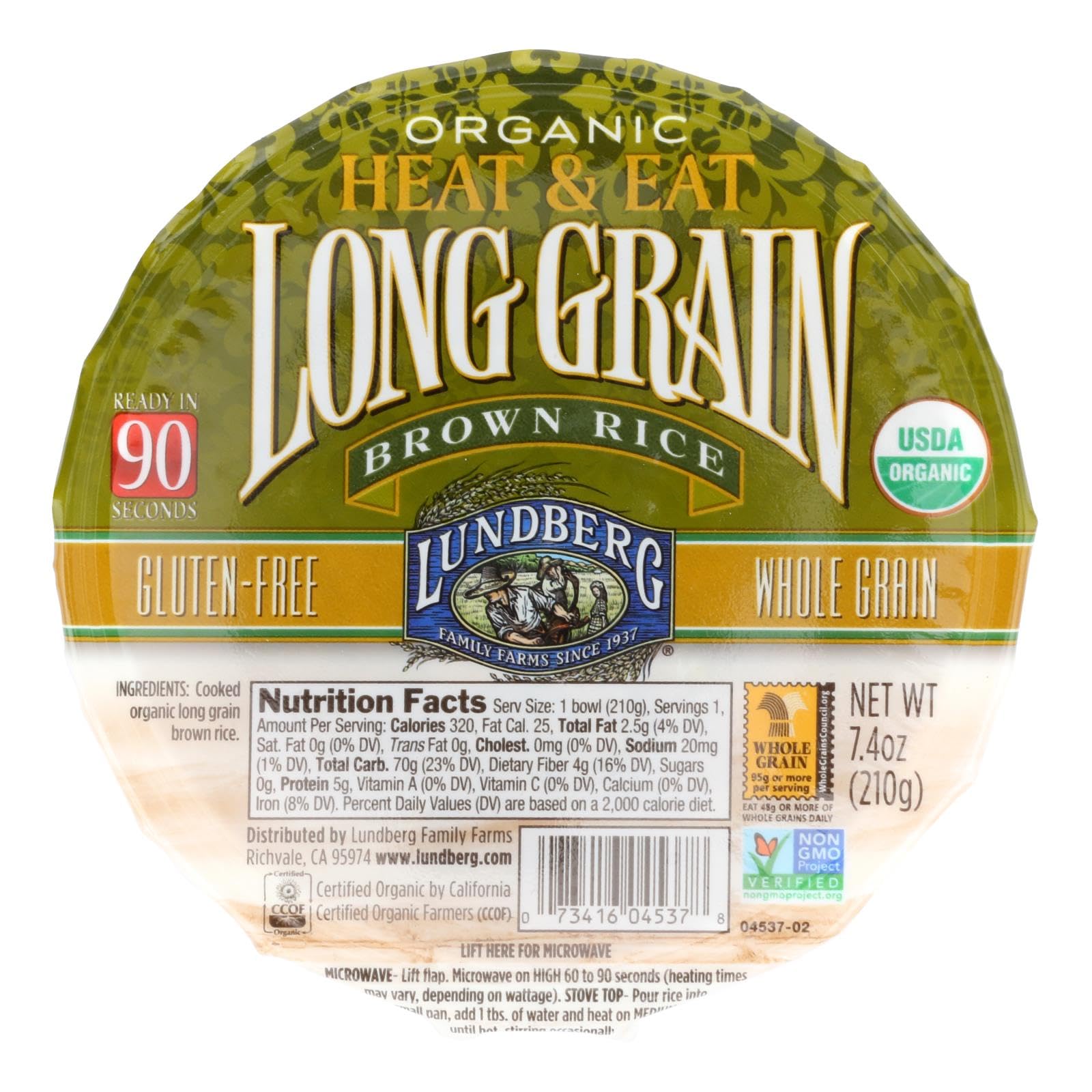 Lundberg Farms Organic Heat and Eat Long Grain Brown Rice - 7.4 Ounce (Pack of 12) | Quick & Healthy Microwaveable Rice for Meal Prep, Camping & Emergency Food Supply