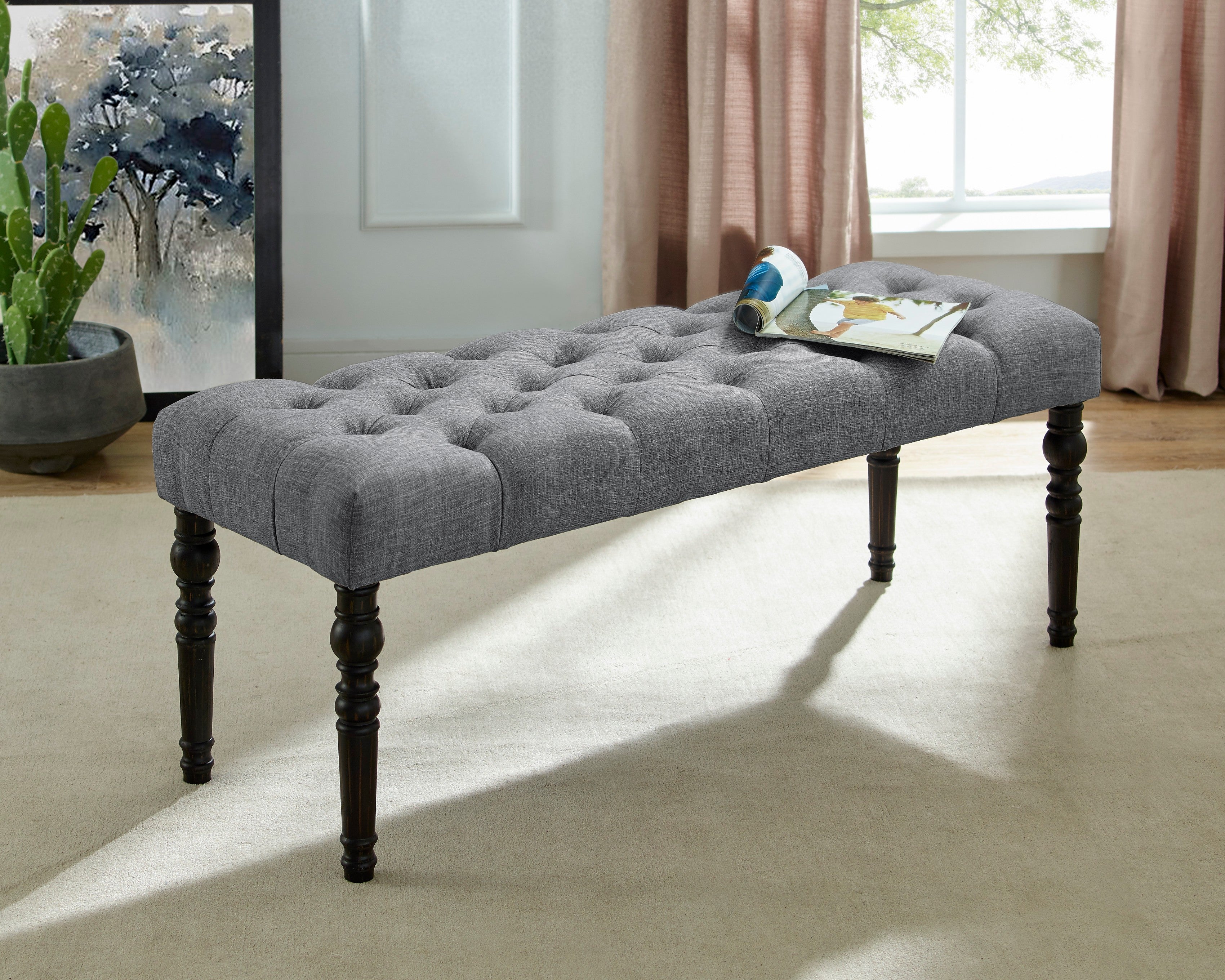 Roundhill Furniture Leviton Fabric Tufted Turned Leg Dining Bench, Gray - Stylish Upholstered Seat for Kitchen, Dining Room & Entryway - Comfortable & Durable Home Decor