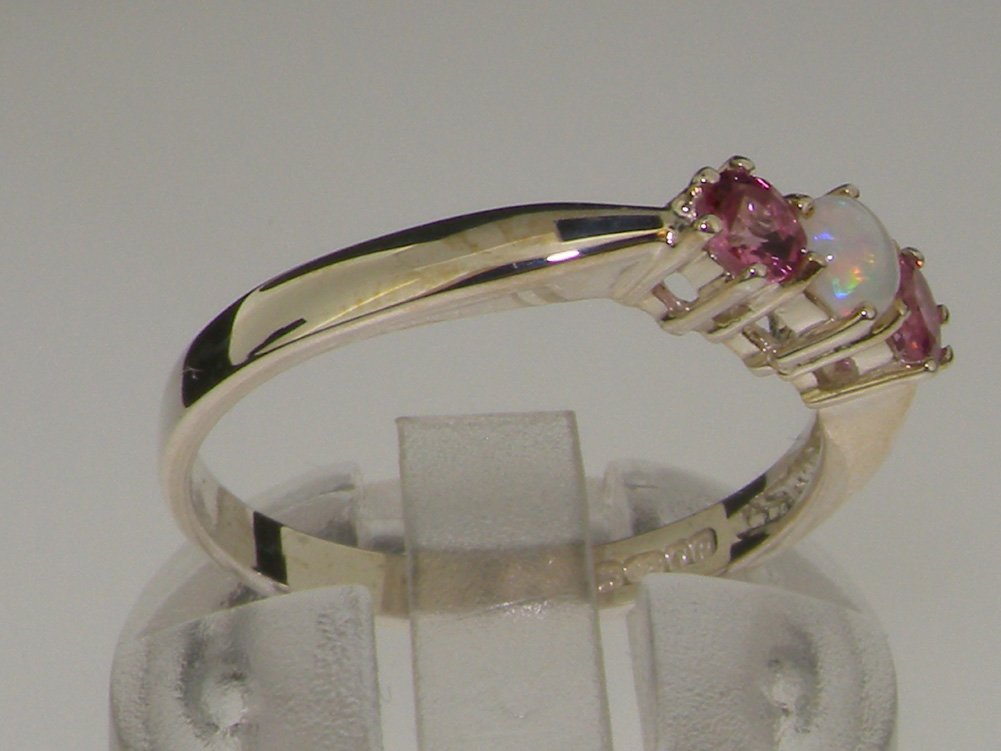 925 Sterling Silver Genuine Opal & Pink Tourmaline Women's Trilogy Ring - Elegant Anniversary Gift for Her, Wedding Band, Valentine's Day Present, Special Occasion Jewelry