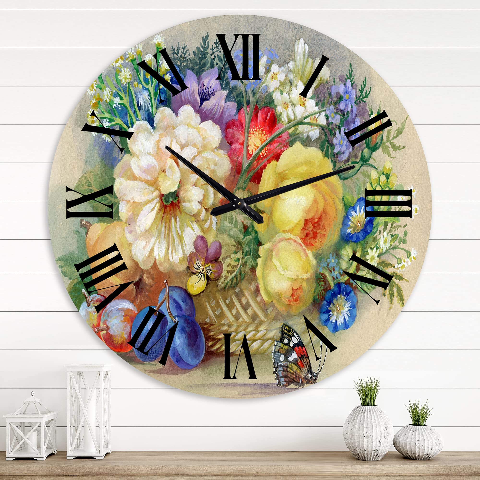 Vintage Floral Wall Clock - Large Traditional Still Life Yellow & White Flowers Decor for Living Room, Bedroom, Office | Silent Non-Ticking Home & Office Décor