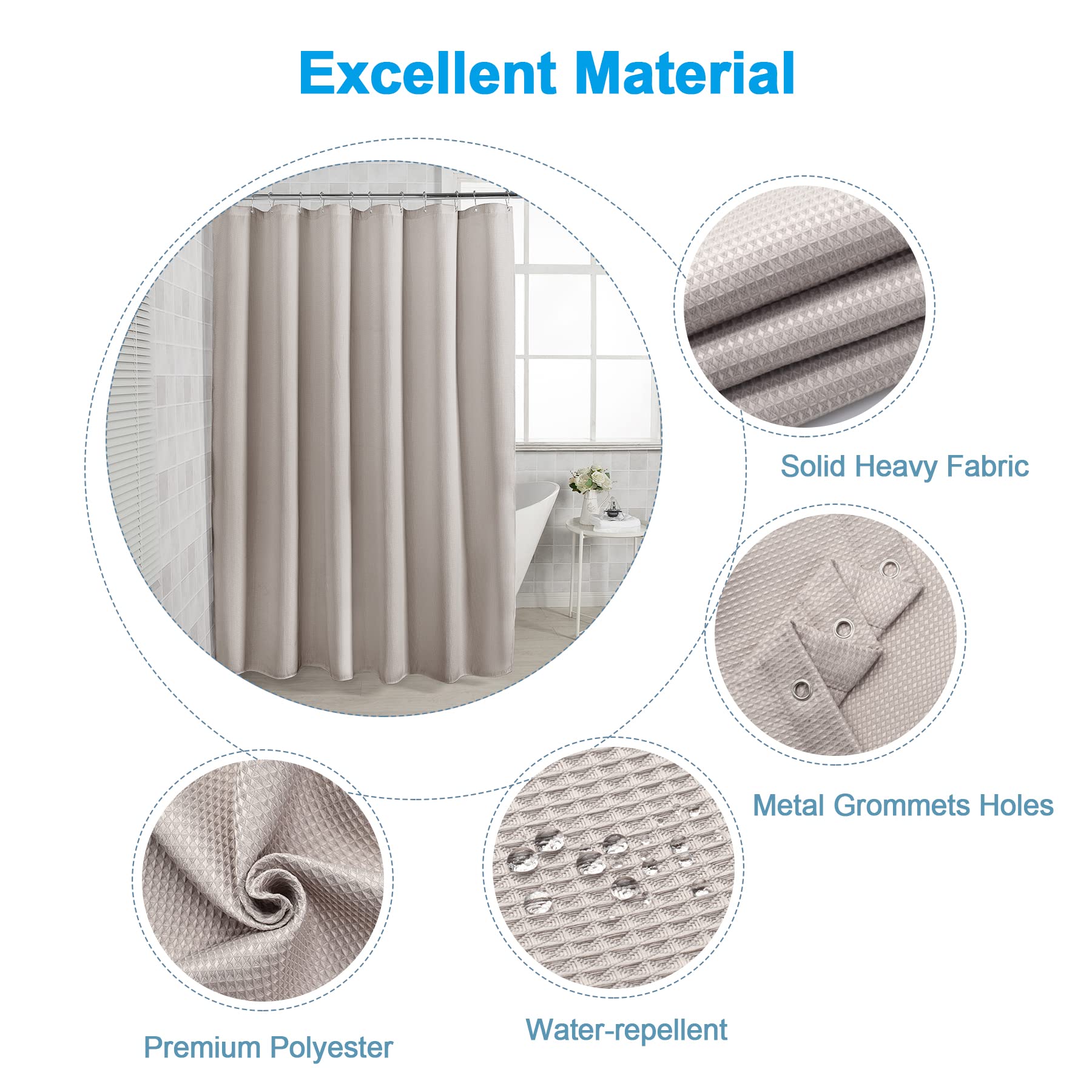 Premium Waffle Weave Shower Curtain - 72x72 Inch Heavy Duty Khaki Bathroom Curtain, Hotel Quality Fabric for Luxurious Bath & Spa Experience