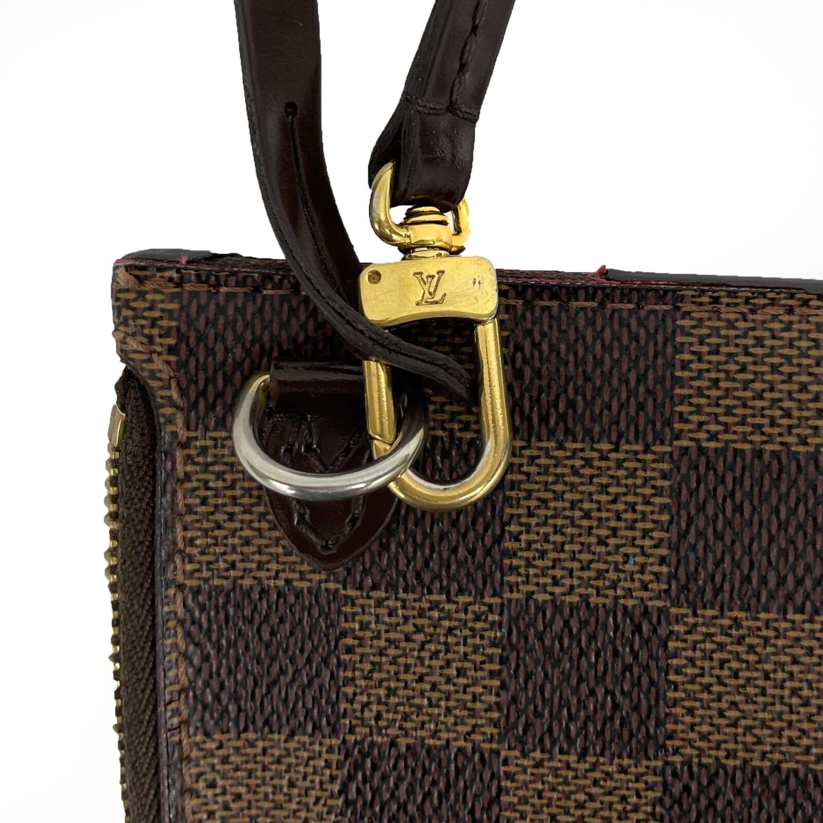 Louis Vuitton Damier Ebene Medium Wristlet Clutch Bag with Red Interior - Perfect for Evening Events & Date Nights