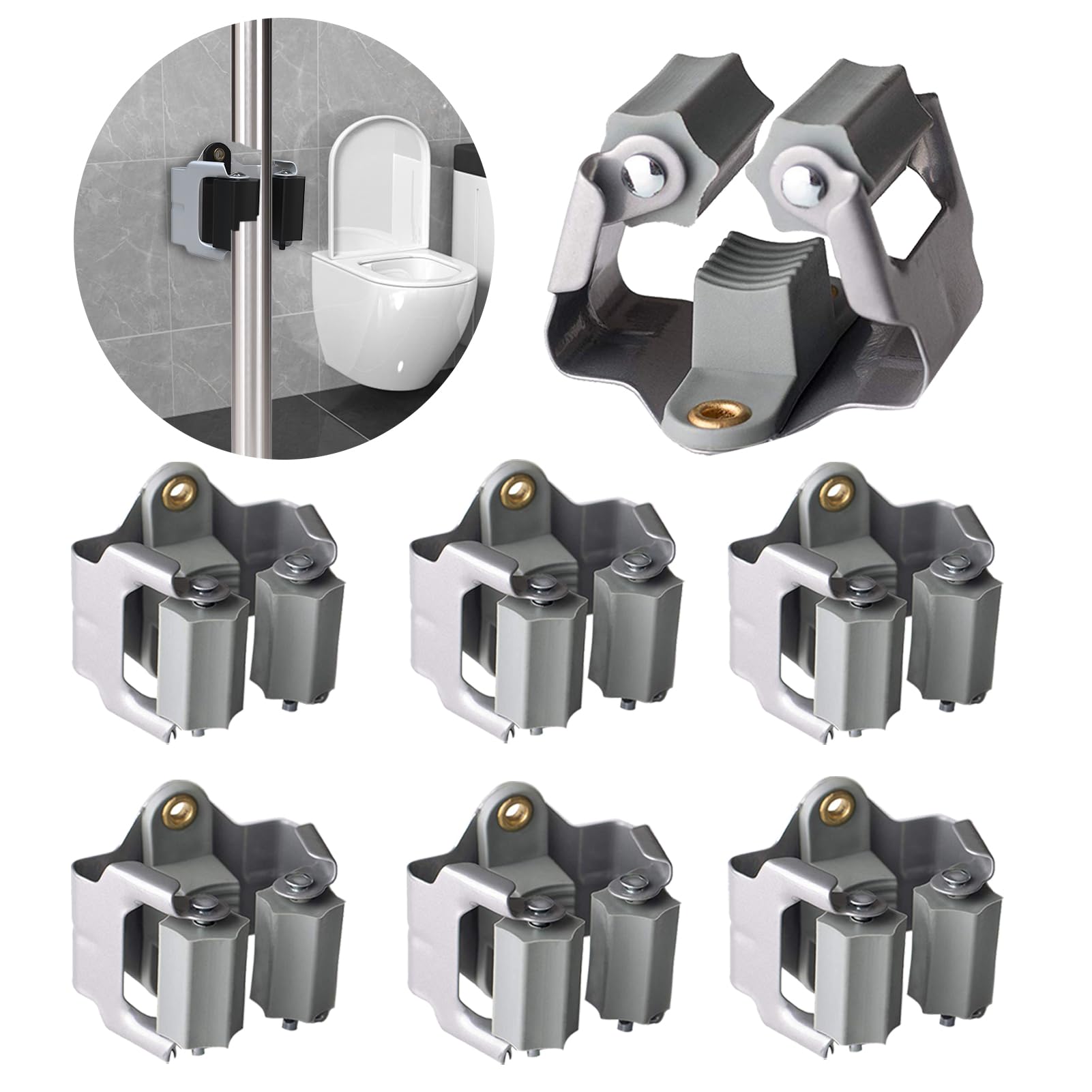 **6-Pack Heavy Duty Wall Mount Broom Holder - 3-H Mop and Broom Hanger Organizer for Shovels, Rakes & Yard Tools - 1KG Capacity, Space-Saving Grey Storage for Shed, Kitchen, Laundry, Bathroom & Garden**