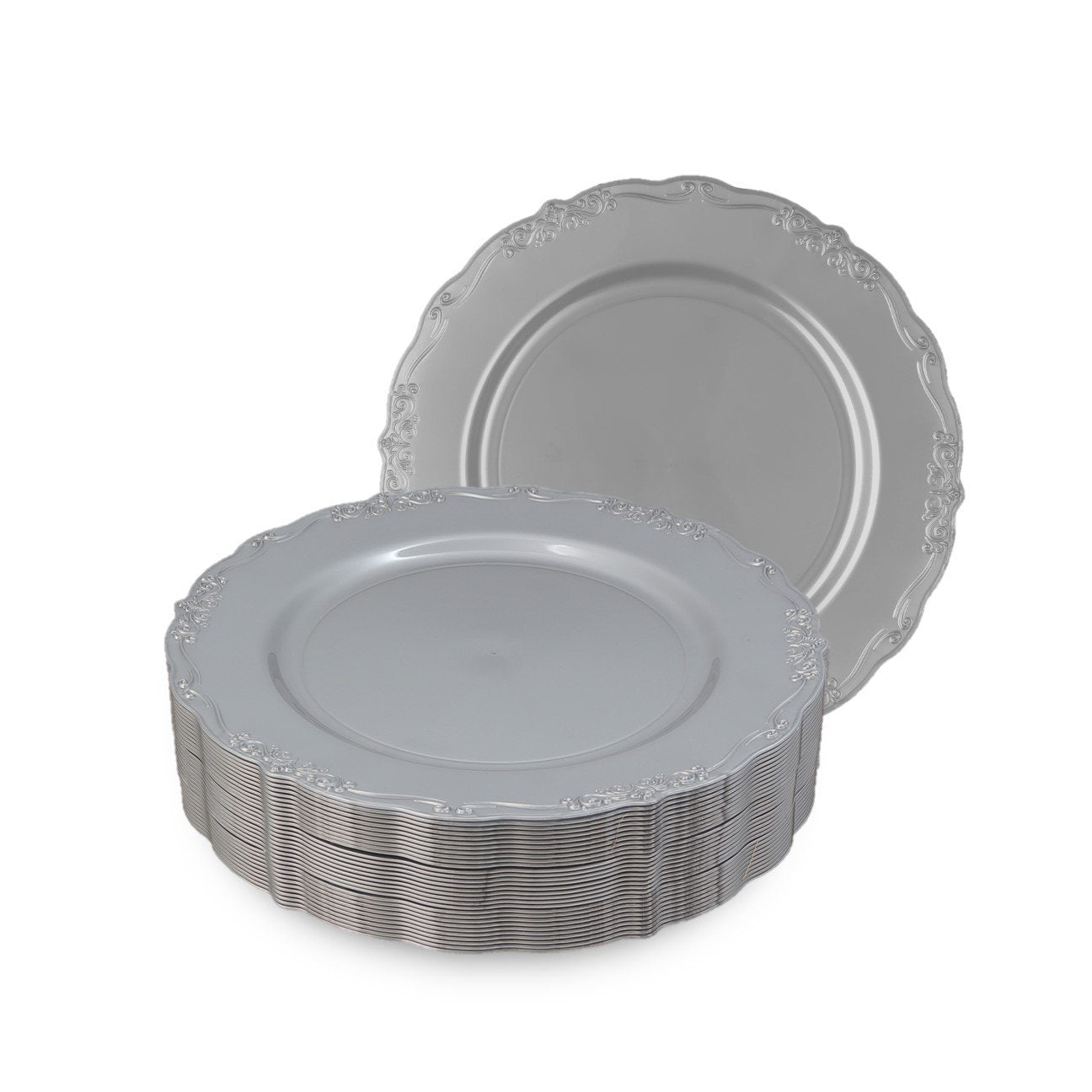 Vintage Silver Round Plastic Plates - Elegant Disposable Party Plates for Weddings, Birthdays, and Special Events