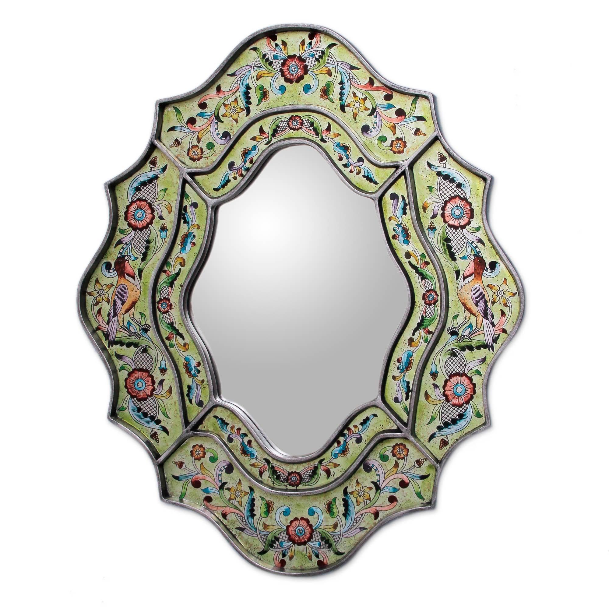 NOVICA Handmade Verdant Spring Reverse Painted Glass Mirror - Elegant Wall Decor for Living Room, Bedroom & Bathroom