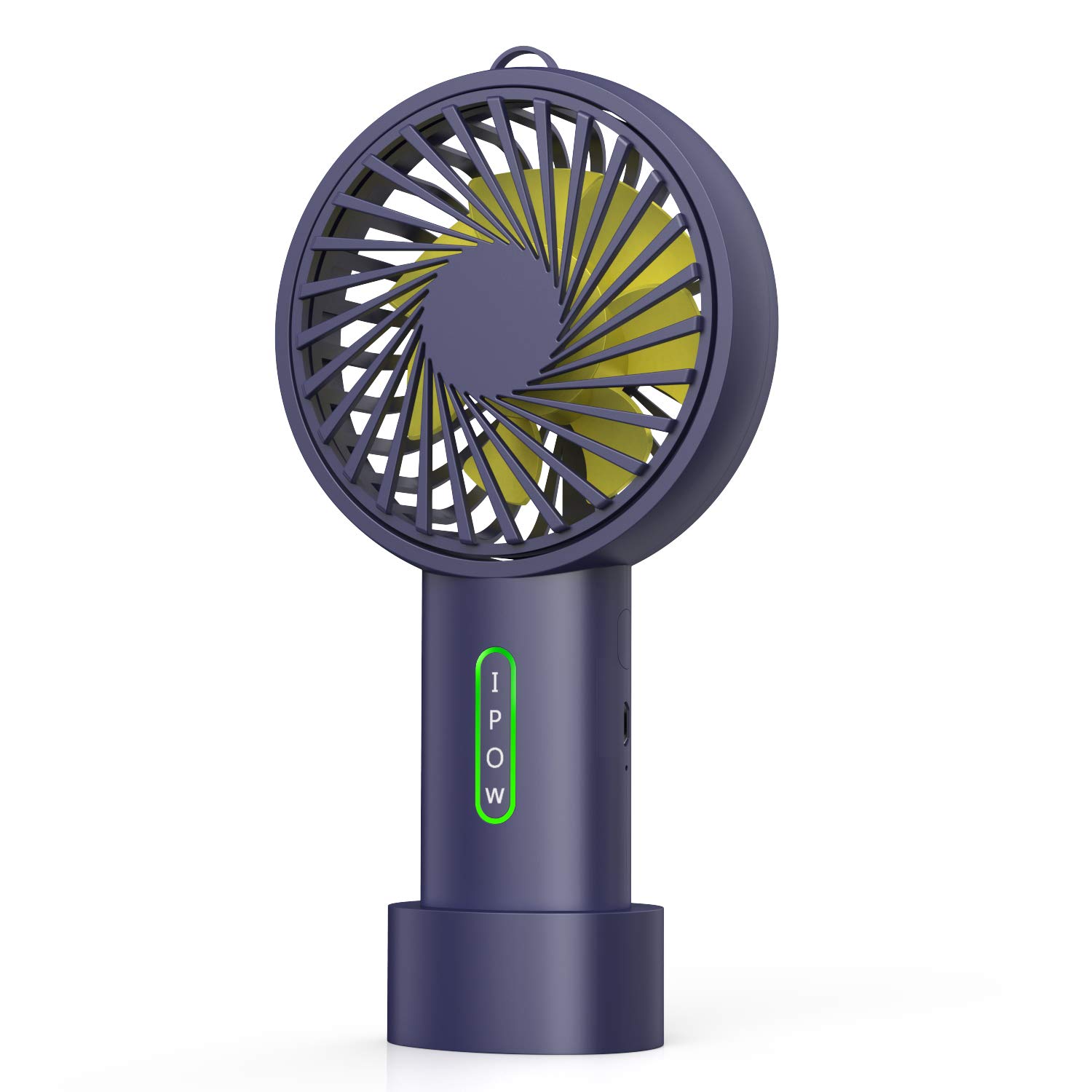 IPOW Mini Handheld Fan - 3 Speed Adjustable USB Rechargeable Portable Fan with Removable Base & Lanyard - Battery Operated Small Desk Fan for Home, Office, Camping & Travel - Navy Blue Cooling Face Fan