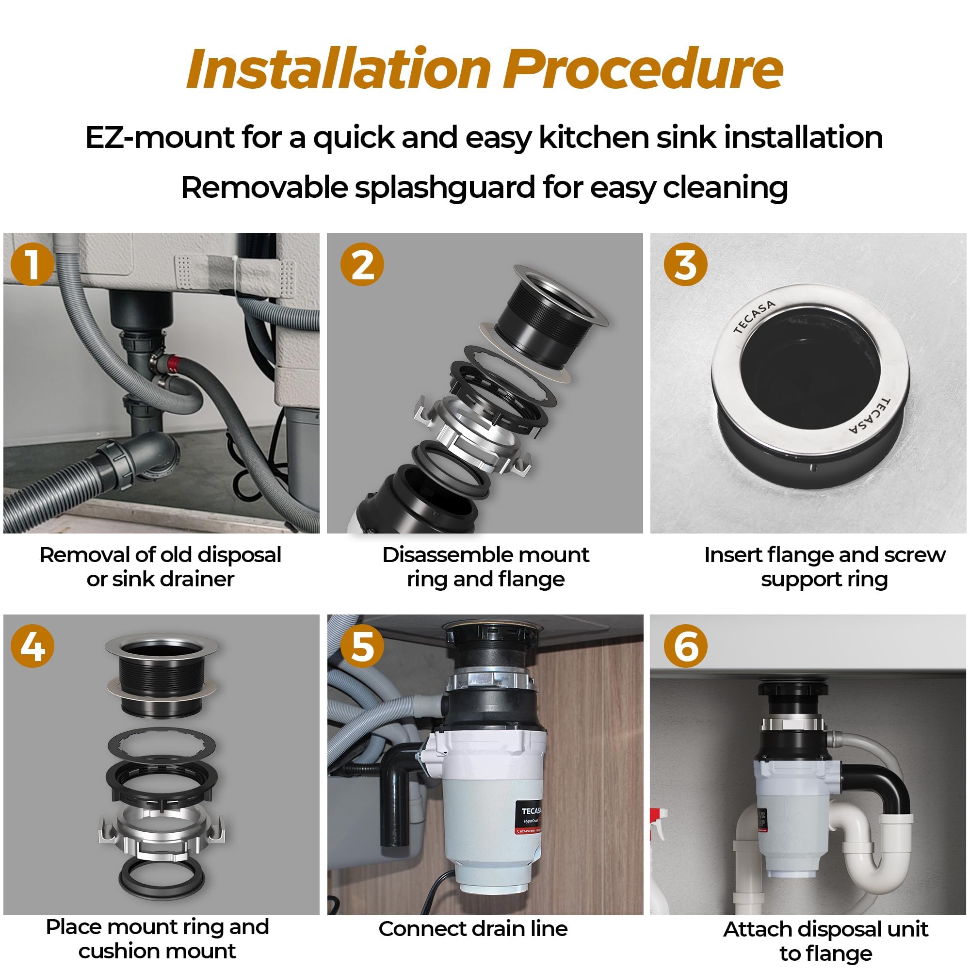 1/2 HP Garbage Disposal with Continuous Feed - Stainless Steel Food Waste Grinder for Kitchen Sink - UL Certified & Power Cord Included - Perfect for Daily Food Scrap Disposal & Clean Kitchen Maintenance - TECASA HyperCrush 50