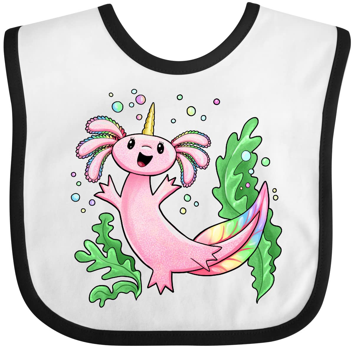 Inktastic Axolotl Unicorn with Rainbow Tail, Bubbles and Seaweed - Adorable Baby Bib for Newborns & Infants | Perfect for Feeding, Playtime & Photo Shoots