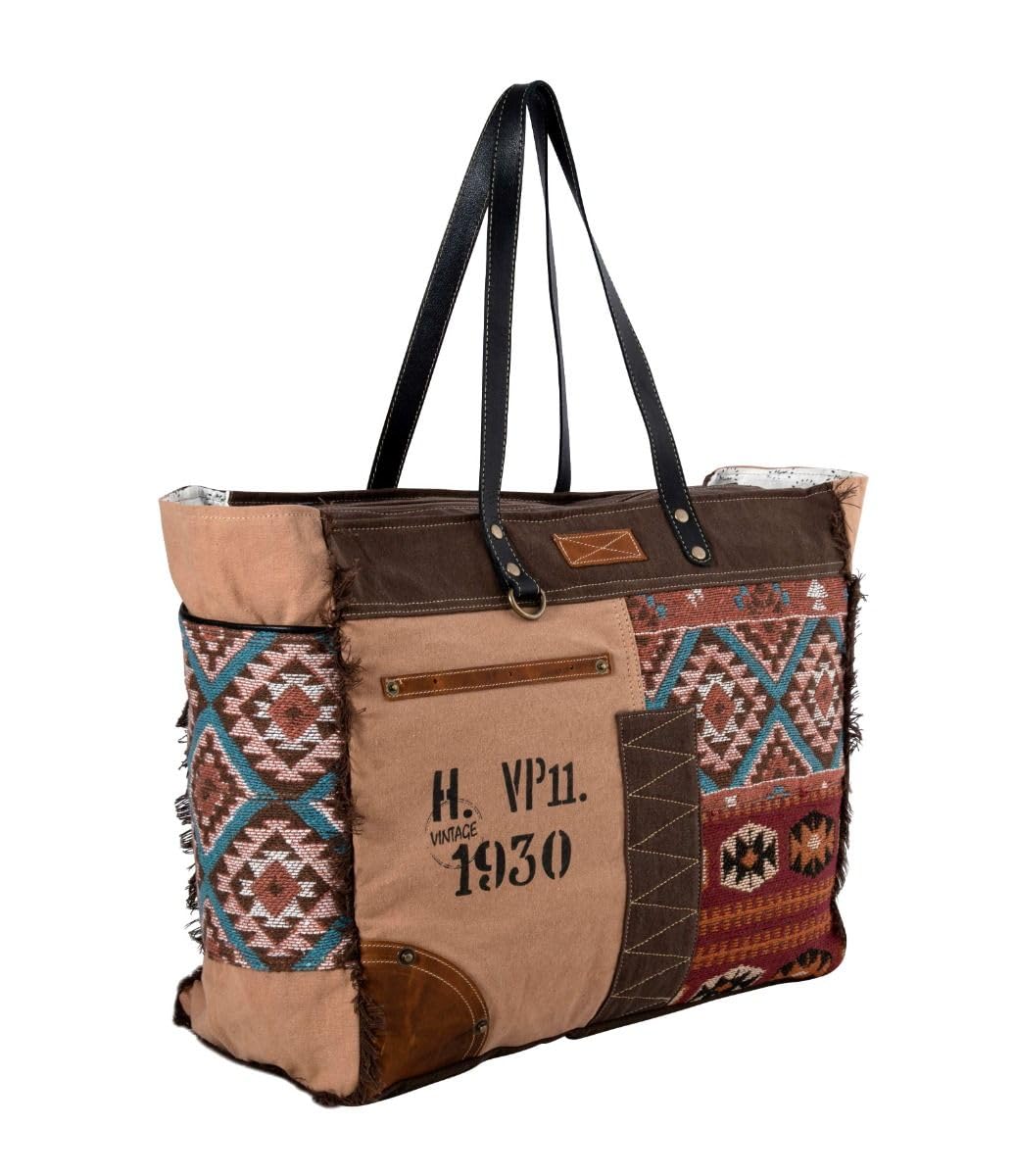 Myra Bag Western Leather Weekender Bag for Women - Upcycled Canvas Shoulder Bag with Southwest Style | Perfect for Travel, Weekend Getaways & Boho Fashion Accessories