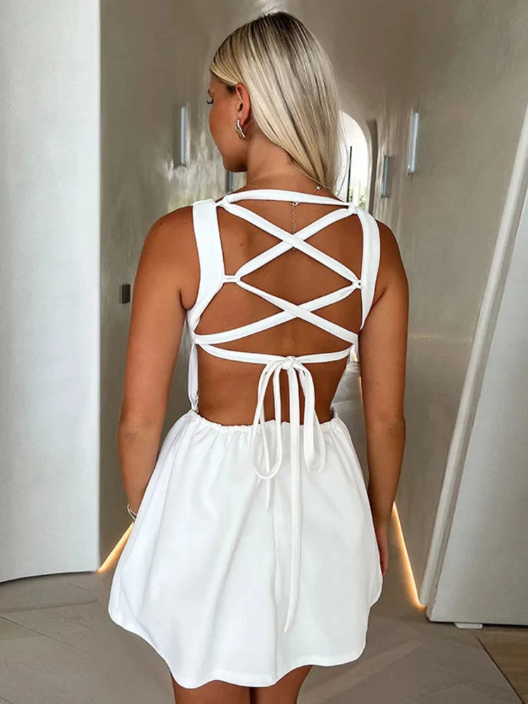 Sexy Backless Lace-Up Mini Dress for Women - Elegant O-Neck Sleeveless High Waist A-Line Club Party Dress | Perfect for Night Out, Date Night, Cocktail Parties & Special Occasions