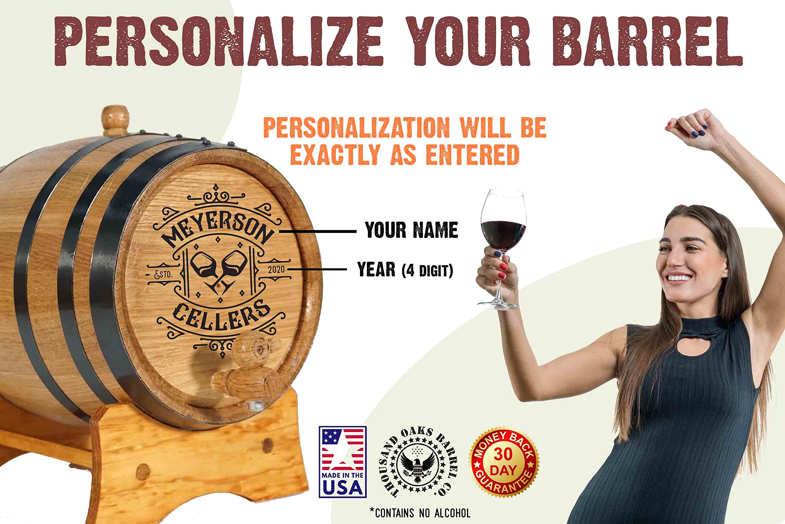 Personalized 1 Gallon (5 Liter) Premium Toasted American Oak Wine Aging Barrel with Bung, Spigot & Wood Stand - Custom Laser Engraved Cellar Design (B392) - Perfect for Home Brewing, Wine Making & Unique Gifts