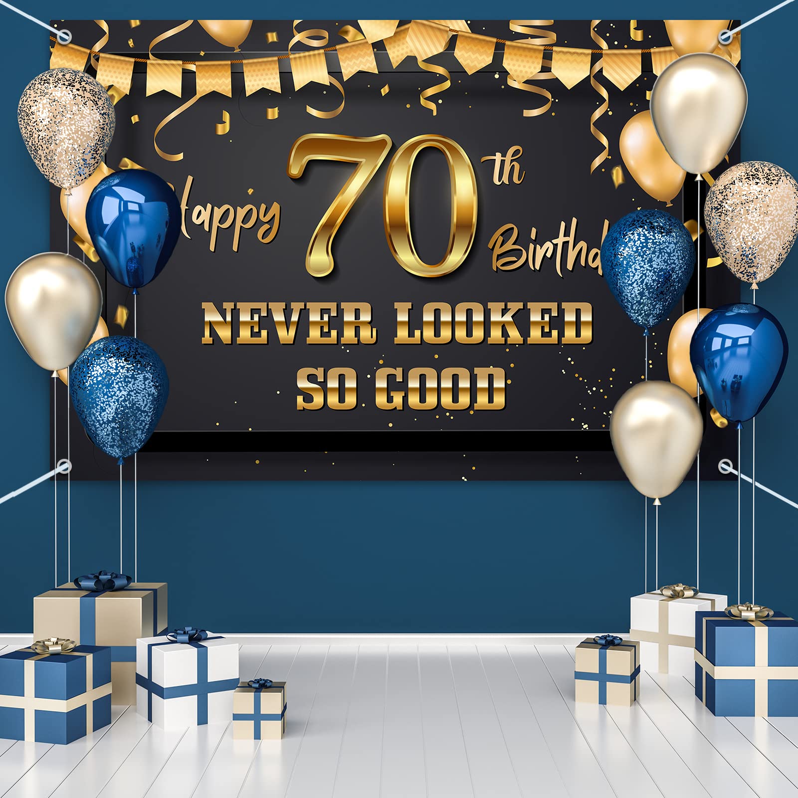 70 Never Looked So Good! HAMIGAR 6x4ft Funny Happy 70th Birthday Banner Backdrop - Gold & Black Party Decorations for Men & Women - Perfect for Milestone Birthday Celebrations, Retirement Parties & Anniversary Events