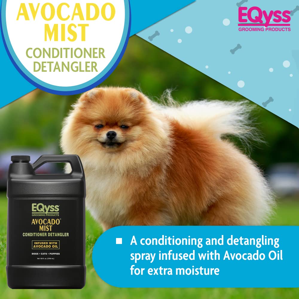EQyss Avocado Mist Pet Spray Conditioner for Dogs & Cats - Leave-In Detangling Spray for Shiny Coat, Reduces Shedding - Oil Free, Silicone Free, pH Balanced - USA Made (128 oz) - Perfect for Grooming, Bathing & Daily Maintenance