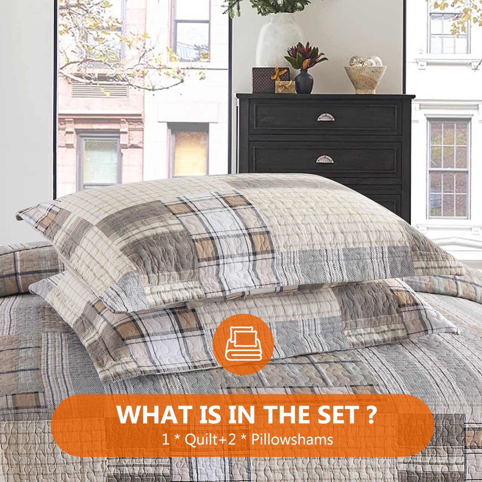 Queen Size Quilt Set - 100% Cotton Patchwork Bedspread, 3-Piece Plaid Farmhouse Reversible Lightweight Quilt for Queen Bed | Perfect for Cozy Bedroom Decor, Guest Room & Rustic Home Styling