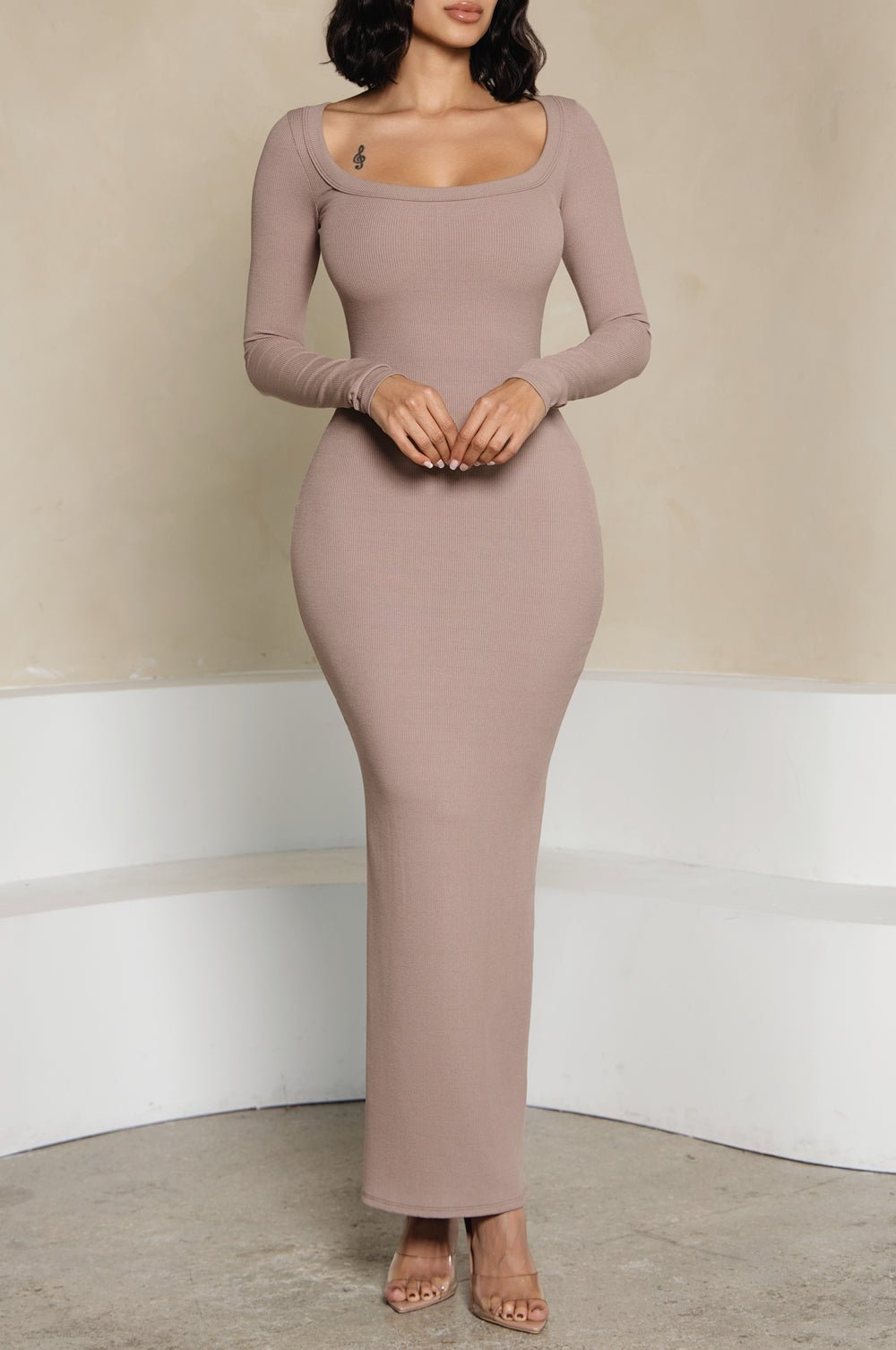 Almond Baby Rib Long Sleeve Maxi Dress for Women - Soft Stretchy Comfortable Maternity Nursing Dress - Perfect for Pregnancy, Breastfeeding & Casual Wear