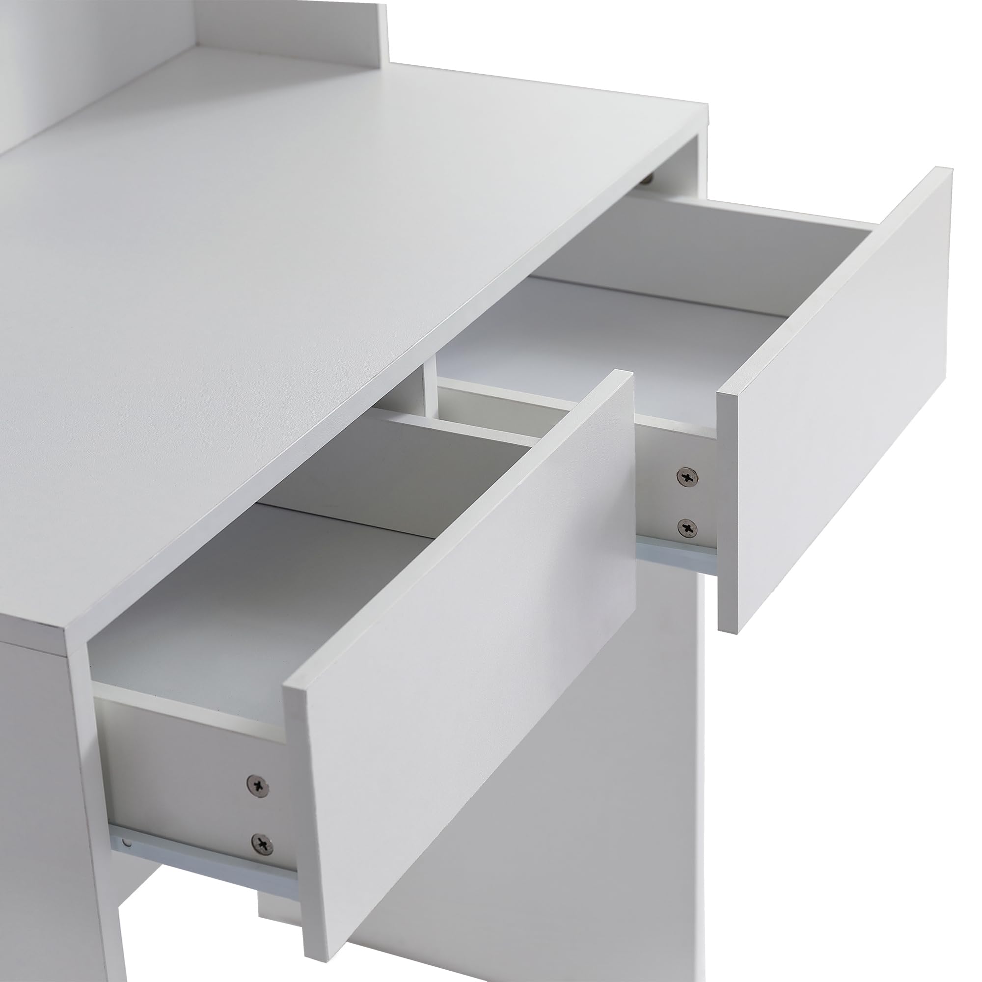 Modern Vanity Desk with Mirror, 2 Drawers & Open Shelves - Elegant Dressing Table for Bedroom in Antique White | Perfect Makeup Station & Jewelry Organizer for Women