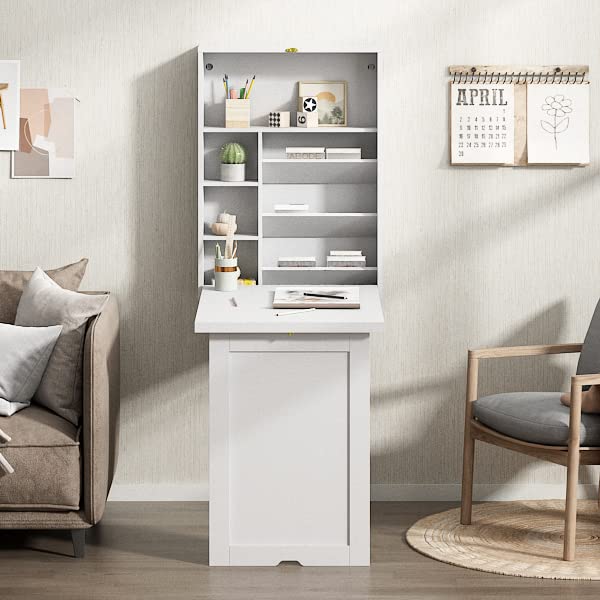 Space Saving Wall Mounted Fold Out Convertible Desk - White Floating Writing Desk with Storage Shelves | Home Office Laptop Workstation | Perfect for Small Spaces & Modern Workspaces
