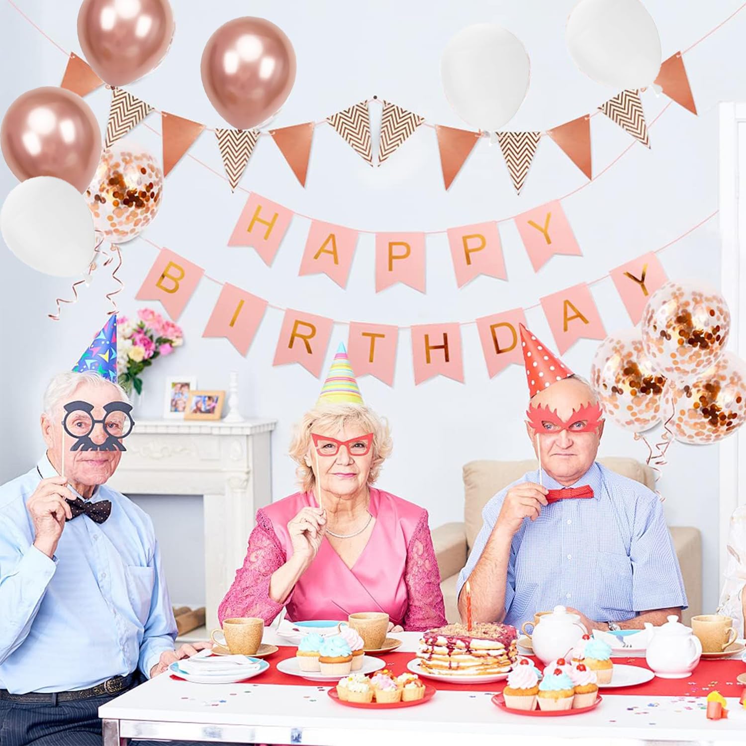 Rose Gold Happy Birthday Banner & Bunting Set - 12 Inch Balloons, Ribbons & Party Decorations for Women | Perfect for Birthday Parties, Baby Showers & Anniversary Celebrations