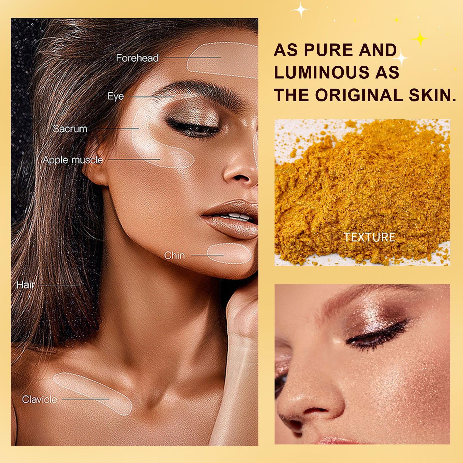 3D Glitter Highlighter Powder - Fairy Shimmer Makeup for Face, Body & Lips | Brightening Blusher & Natural Glow Enhancer | Perfect for Parties, Festivals & Special Occasions (Gold #06)