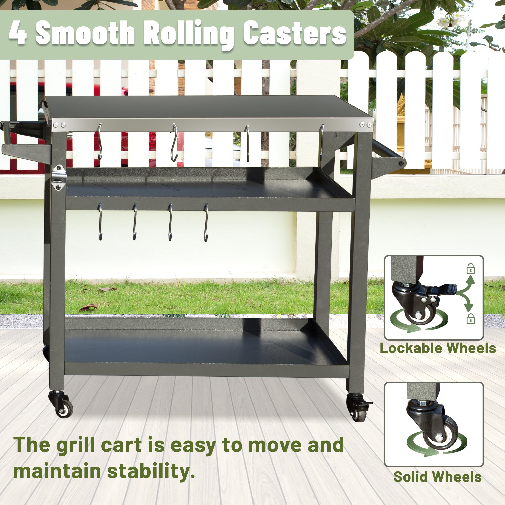 Domi 3-Tier Outdoor Grill Cart with Wheels - Stainless Steel Pizza Oven & Food Prep Station - Blackstone Griddle Stand for Backyard BBQ, Patio Cooking & Tailgating Parties