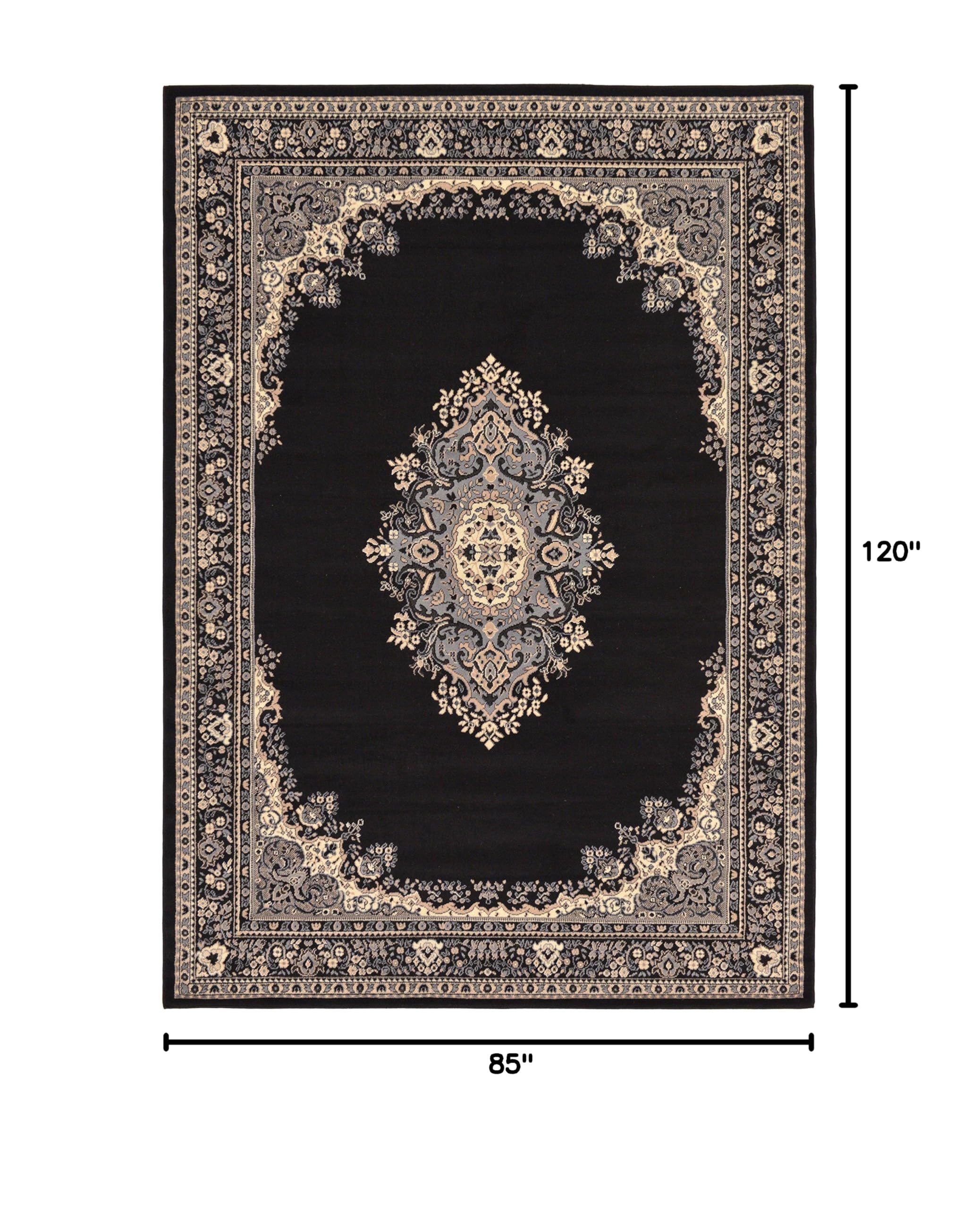 Unique Loom Reza Collection Traditional Persian Style Area Rug 7x10 Feet - Black & Beige Handmade Oriental Rug for Living Room, Bedroom & Dining Room Decor