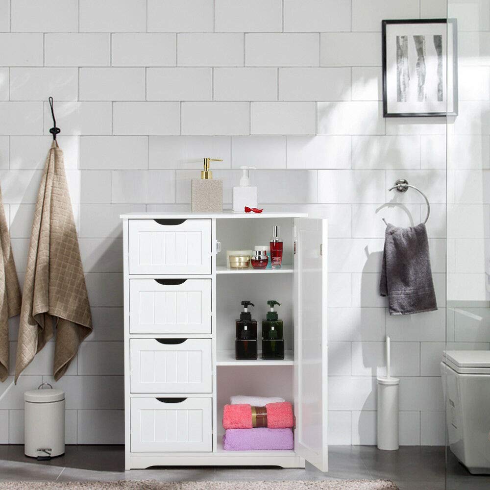 White MDF Bathroom Floor Cabinet with Drawers - Waterproof Storage Organizer for Towels & Toiletries | Perfect for Small Bathrooms & Vanity Areas