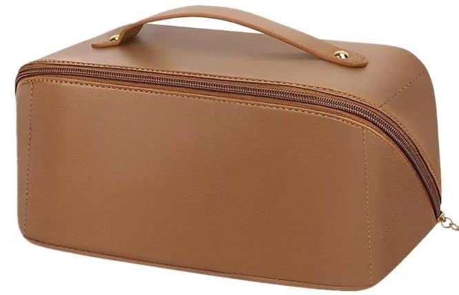2022 New Large Capacity Waterproof Portable Cosmetic Bag - Flat Lay Design for Easy Access, Makeup Storage & Travel Organizer (HZB-Mocha Brown) | Perfect for Overnight Trips, Gym Essentials & Daily Beauty Routine