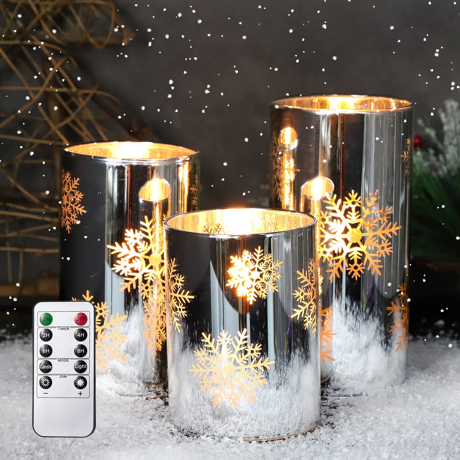 Immeiscent Flameless LED Candles Set of 3 - Snowflake Electroplated Glass Battery Candles with Timer & Remote - Realistic Christmas Pillar Candles (3”x4”, 3”x5”, 3”x6”) for Holiday Home Decor, Wedding, Table Centerpiece, Fireplace & Party Ambiance