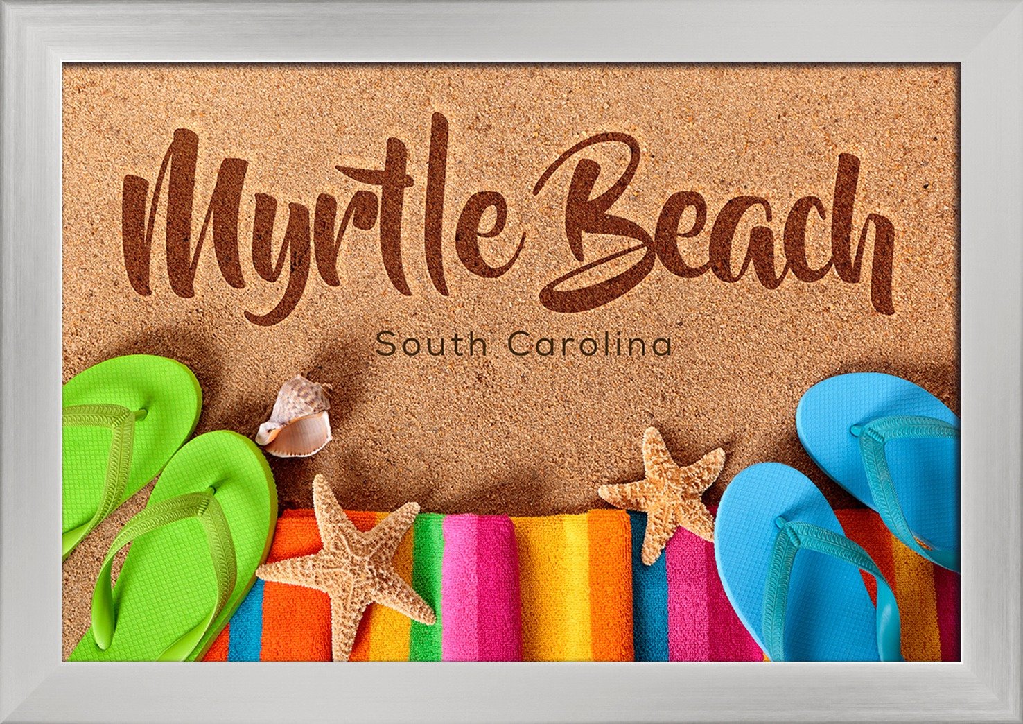Myrtle Beach South Carolina Flip Flops on Beach - 12x18 Inch Giclee Fine Art Print with Recycled Wood Frame in Silver - Perfect for Coastal Home Decor, Beach House Wall Art, and Vacation Memory Display