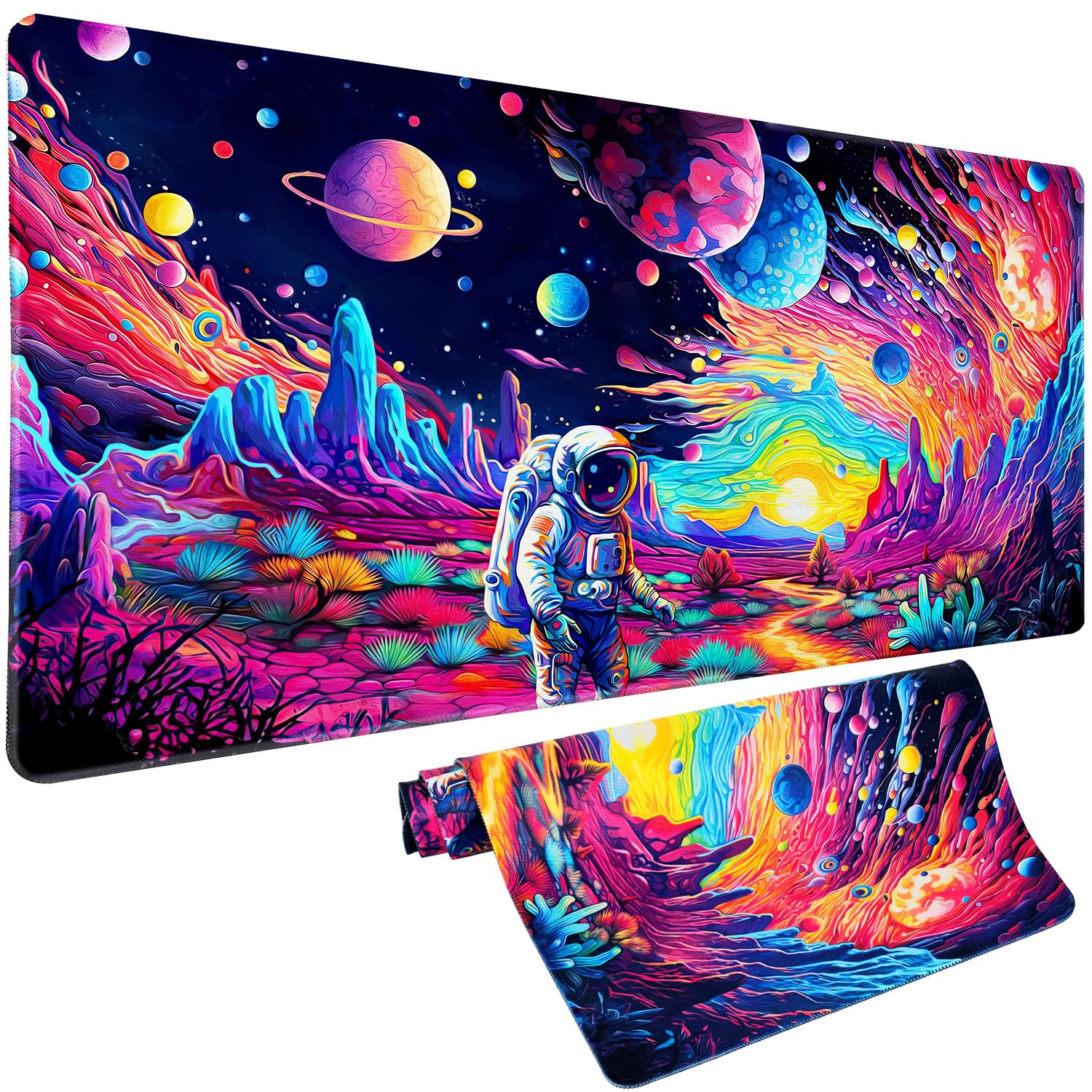 Cyberpunk Astronaut Gaming Mouse Pad - XXL Large Extended Desk Mat with Fantasy Planet Space Design, Waterproof Non-Slip Surface (31.5