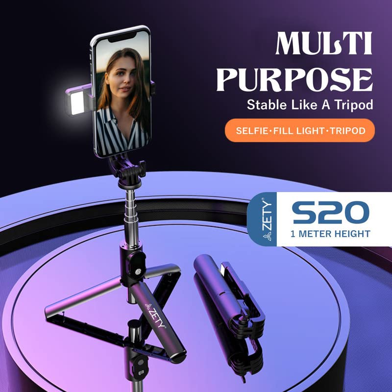 Zety (S20) 40 Inch / 103cm Extendable Selfie Stick Tripod with Bluetooth Remote & LED Light - Multi-Purpose Phone Stand for Travel, Vlogging, Photography & Group Photos