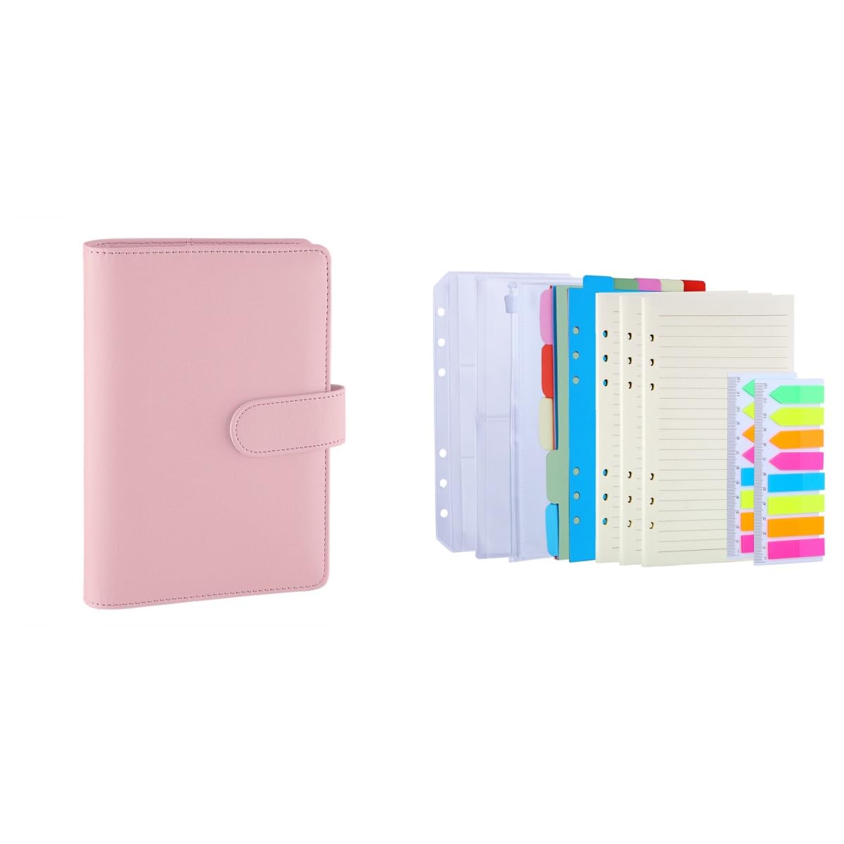 Antner A6 PU Leather Notebook Binder (Pink) with 3 Pack Refill Paper, 2 Pack 160pcs Neon Page Markers, 10pcs Dividers & 3pcs Pockets | Perfect for School, Office & Planner Organization