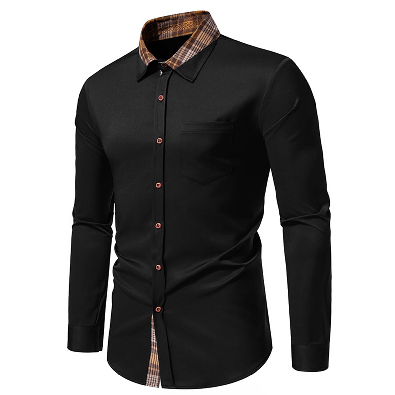 Men's Slim Fit Plaid Patchwork Dress Shirt - Long Sleeve Button Down Business Casual Shirt with Band Collar | Perfect for Office Wear, Business Meetings & Formal Events