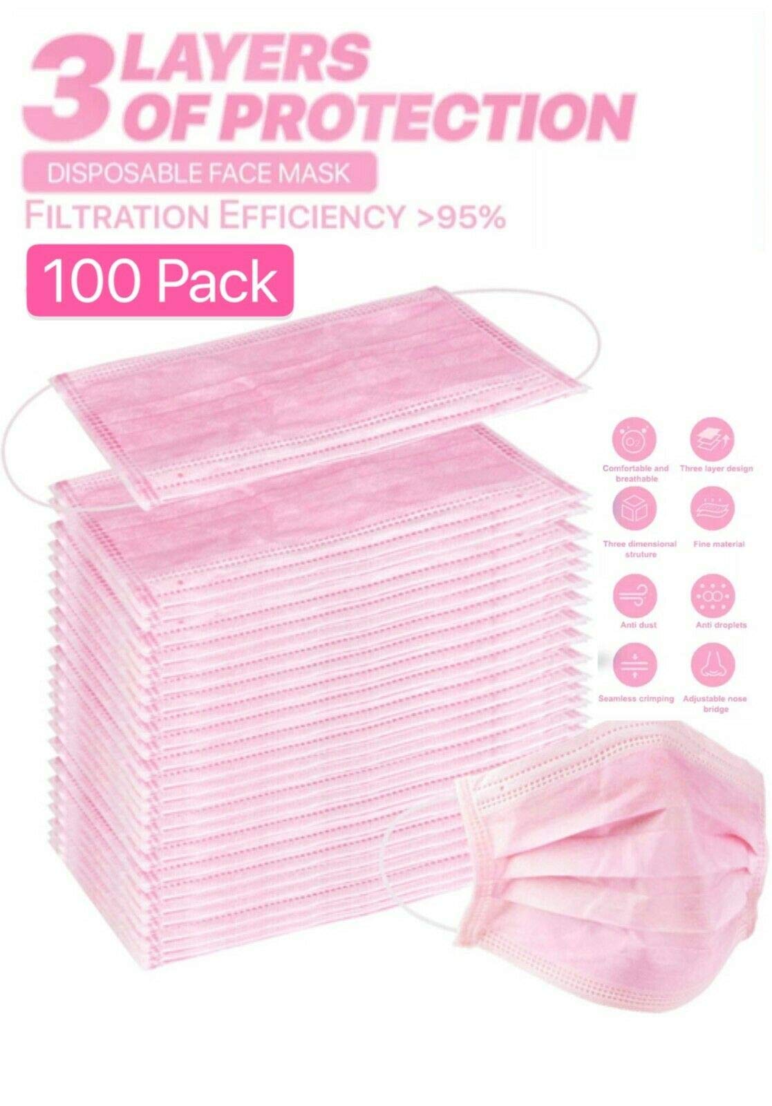 2000 Pcs Bulk Disposable Face Masks - 3-Layer Thick & Breathable Protection (Pink) - Ideal for Daily Use, Travel, and Public Safety