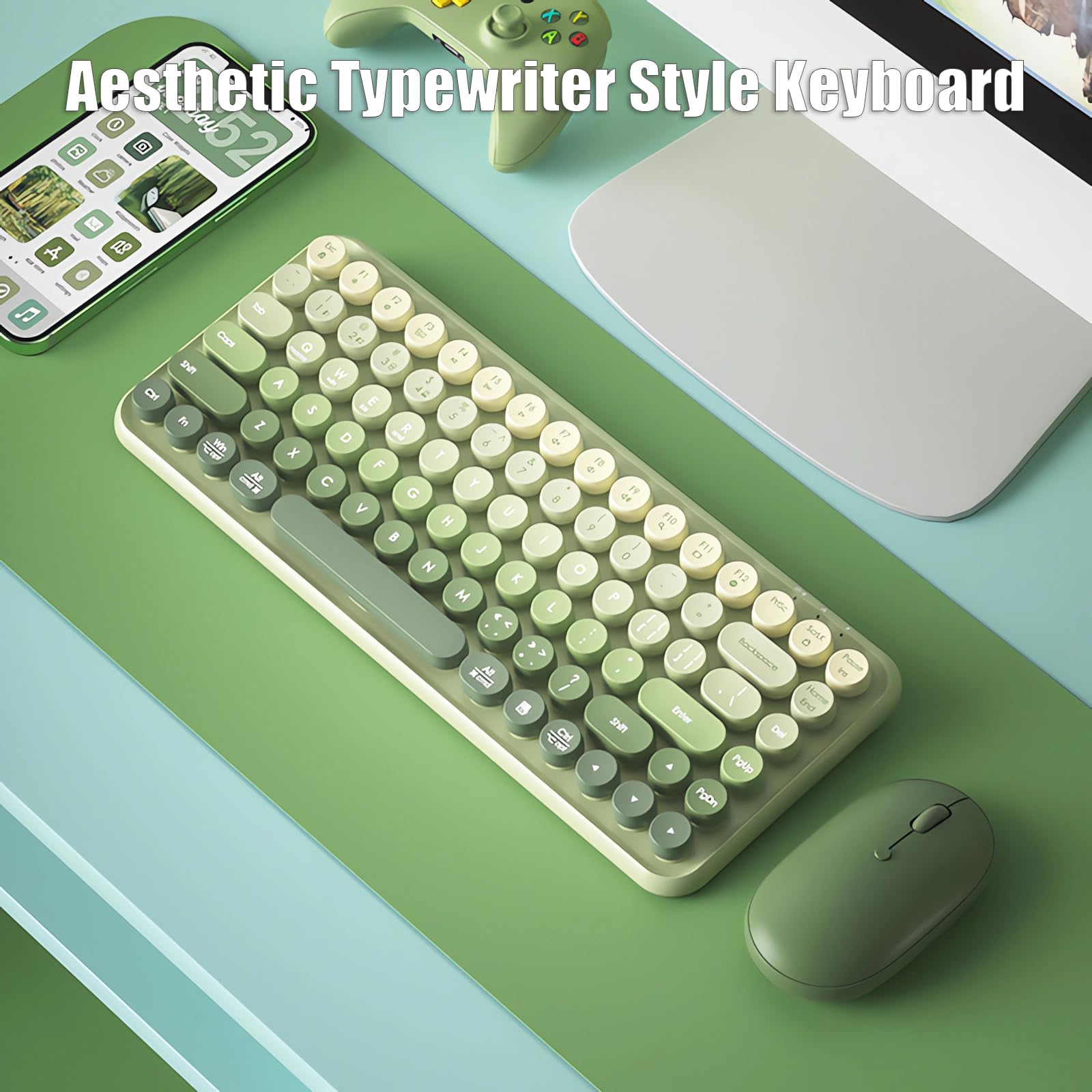 Wireless Typewriter Keyboard - 2.4G/Bluetooth/USB-C, 85-Key Retro for Gaming & Office, Matcha Green