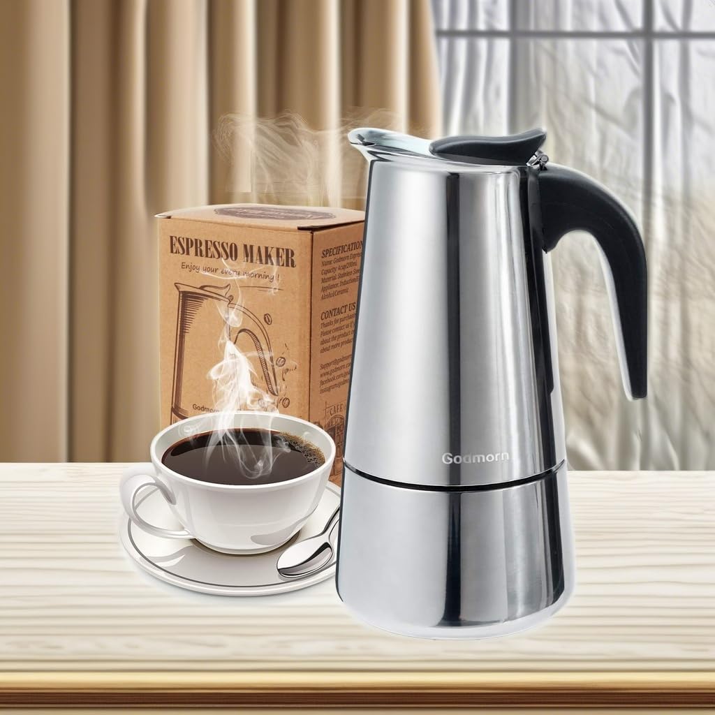Godmorn 15oz Stovetop Espresso Maker - Italian Moka Pot Coffee Maker for Induction Cooktops, 450ml Stainless Steel Percolator (9 Cup Capacity) - Perfect for Home Brewing, Camping & Office Use