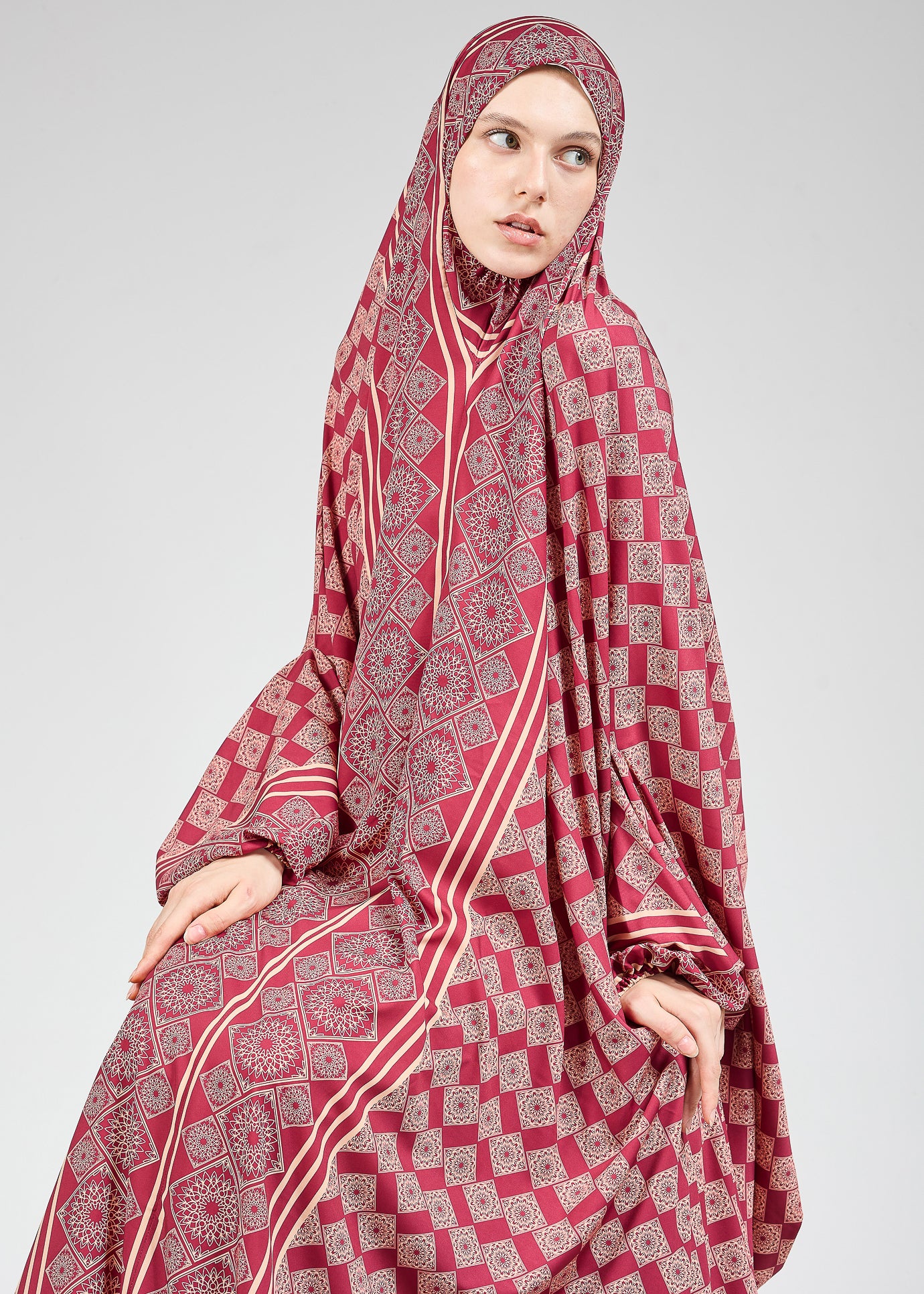 Basira Satin Prayer Gown with Geometric Floral Print - Modest Islamic Dress for Hijab Wearers - Perfect for Salah, Eid, and Special Occasions