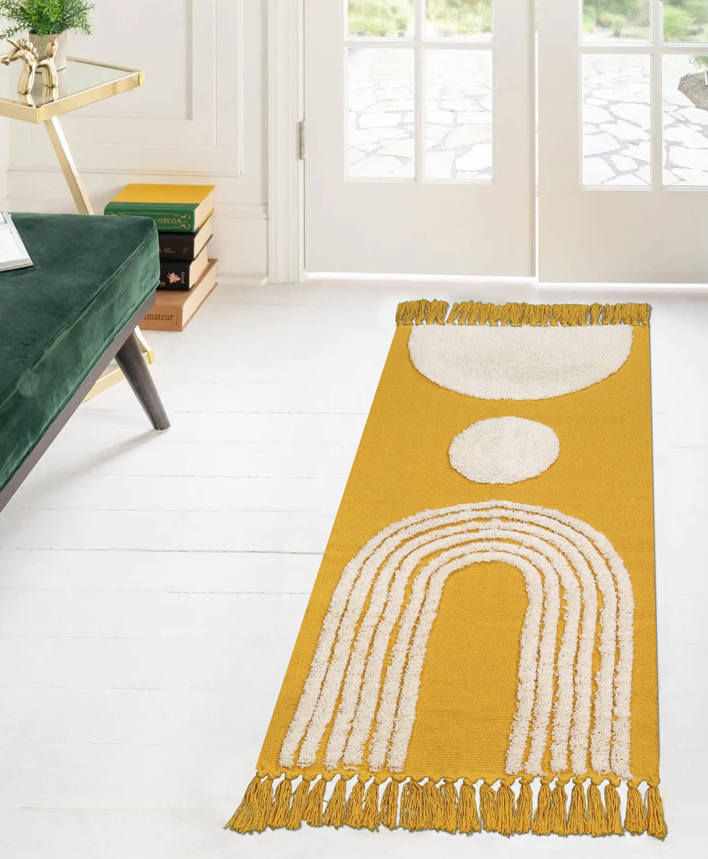 Uphome Boho Washable Runner Rug 2' x 4.3' - Rainbow Tufted Non-Slip Kitchen Mat, Mid Century Bathroom Rug with Tassels, Yellow Farmhouse Geometric Woven Accent Rug for Bedroom Laundry Doorway - Perfect for Bohemian Home Decor, Kitchen Safety & Cozy Bedroom Vibes