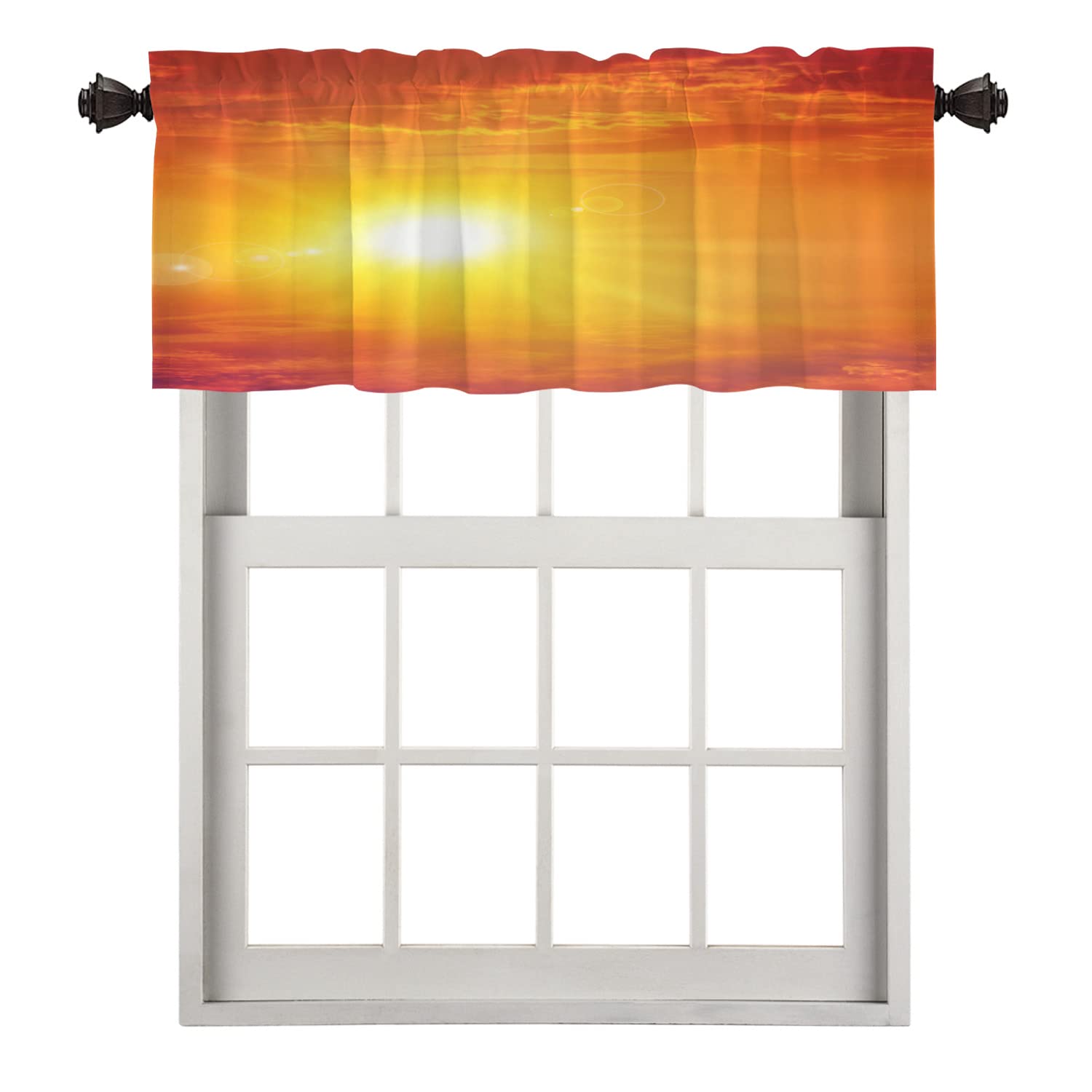 Radiant Orange Sunrise Sunset Landscape Kitchen Curtains - Blackout Decorative Small Kitchen Valances, 52 x 18 Inch, Perfect for Kitchen and Bedroom Windows