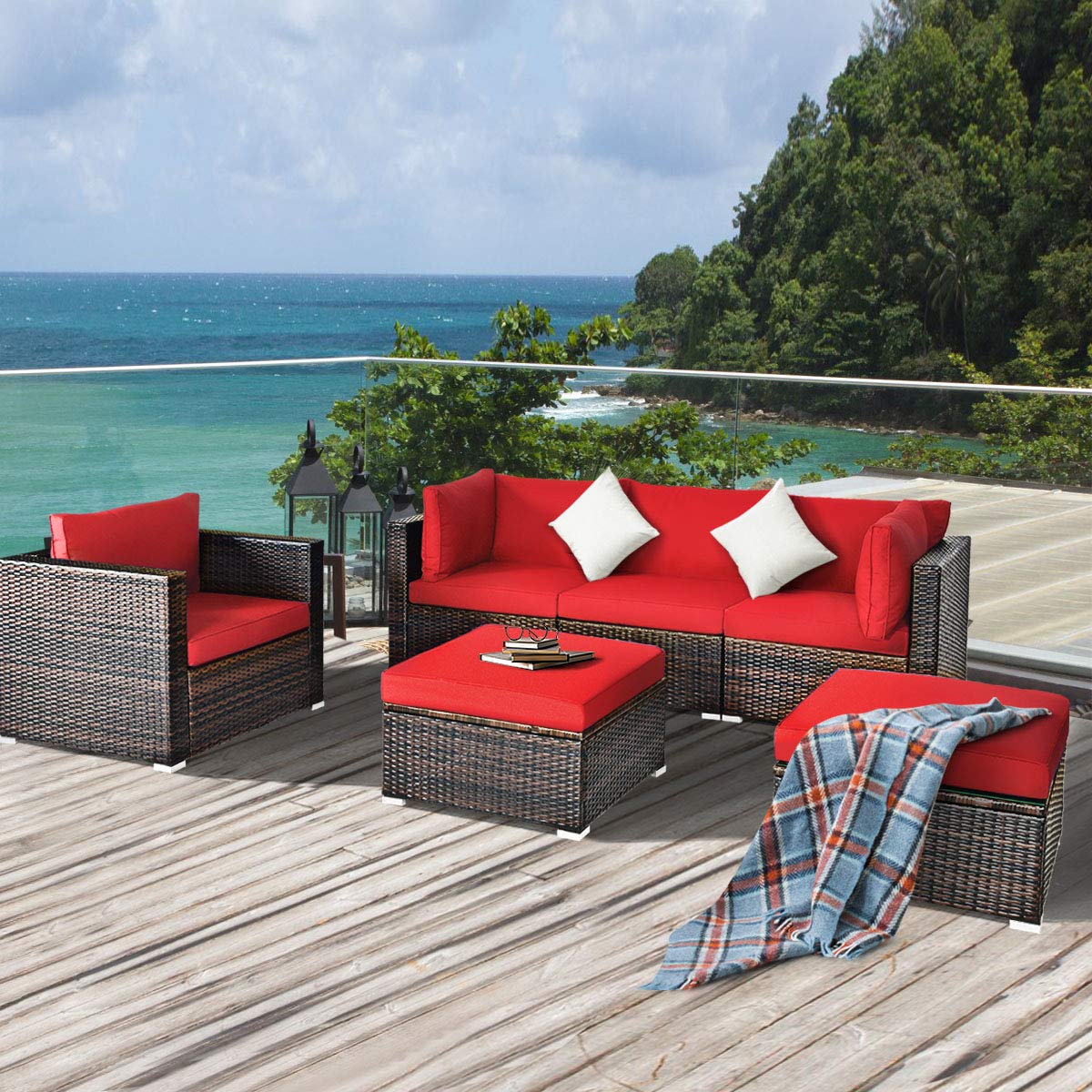 HappyGrill 6-Piece Patio Conversation Set - Outdoor Rattan Wicker Sectional Sofa with Cushions, Coffee Table & Ottoman - Perfect for Backyard, Garden, Poolside & Patio Relaxation