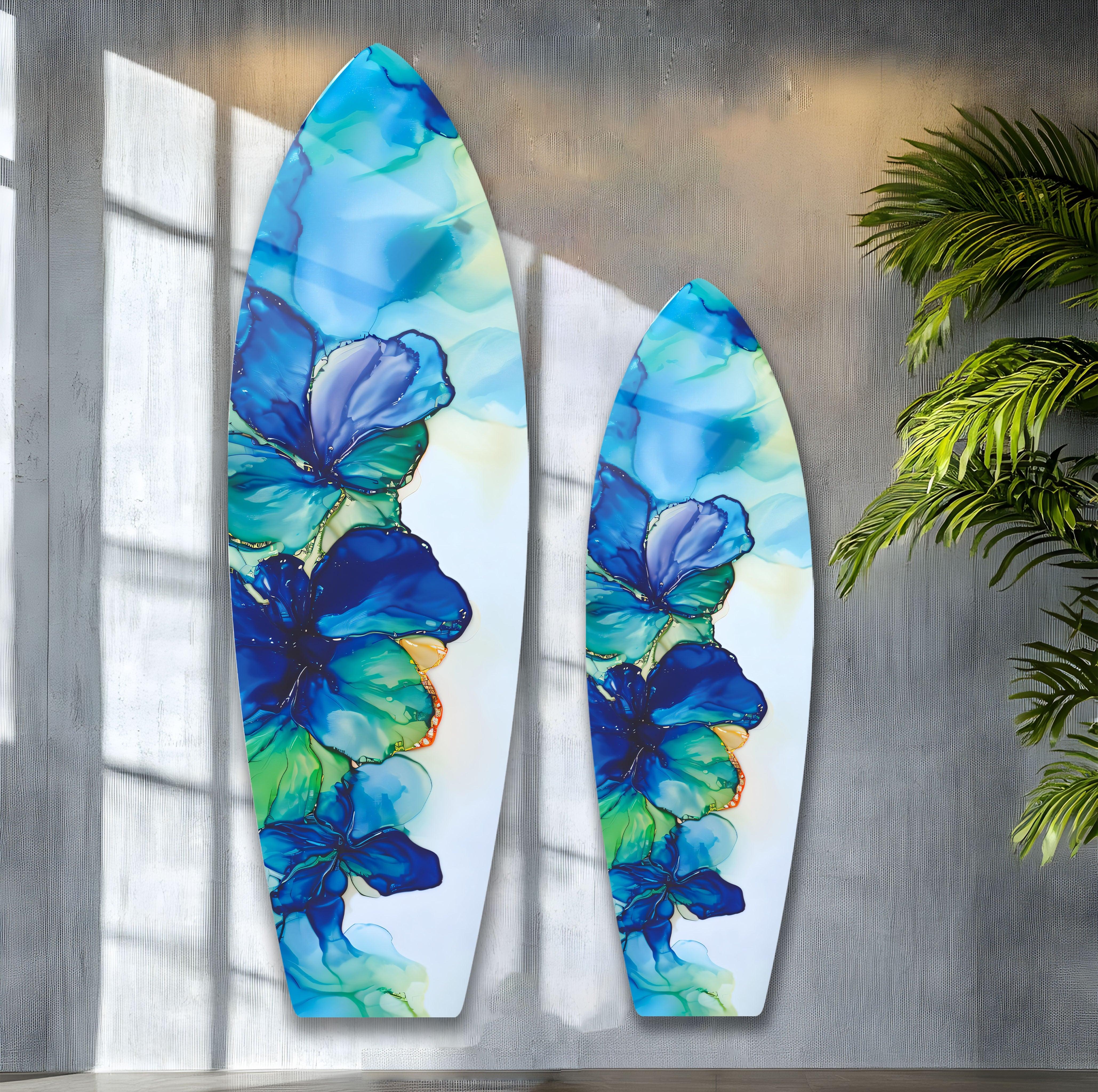 Blue Alcohol Ink Flower Surfboard Wall Art - Handmade Coastal Decor for Beach House, Living Room & Bedroom - Unique Ocean Themed Painting for Home & Office