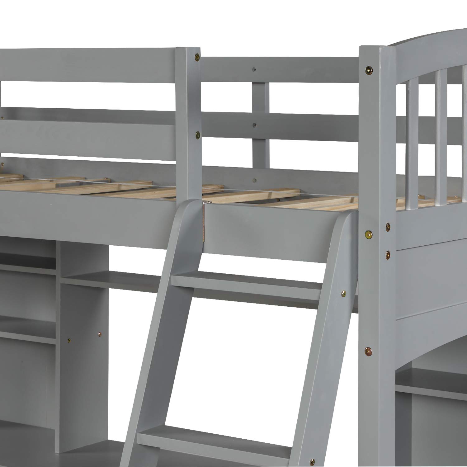 Solid Wood Loft Bed with Desk & Storage - Twin Size Kids Loft Bed with Bookcase, Safety Guard Rail & Angled Ladder - No Box Spring Needed (Gray+Wood) - Perfect for Small Bedrooms, Dorm Rooms & Space-Saving Kids' Rooms