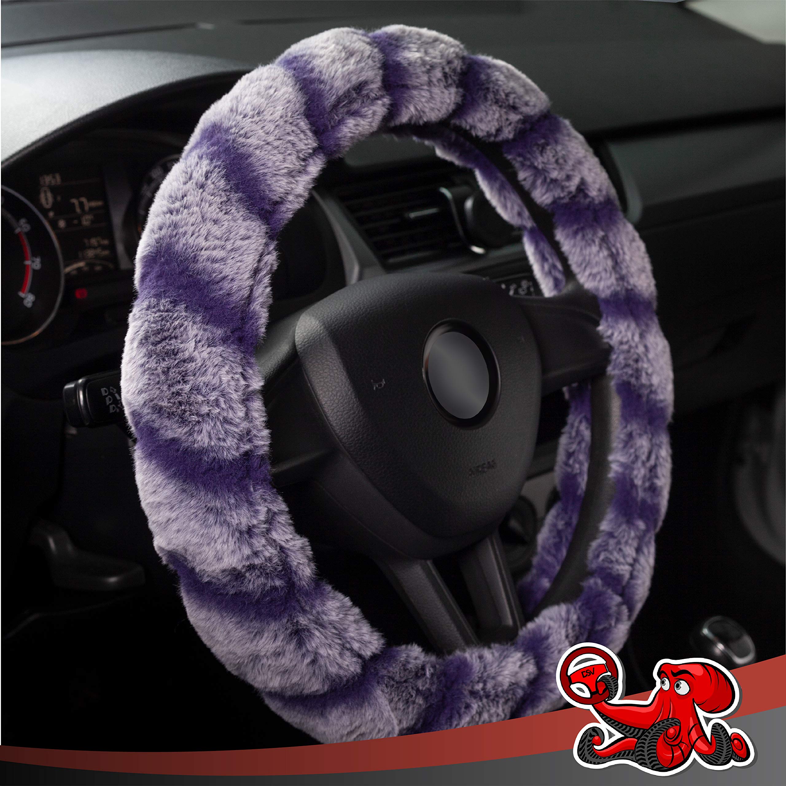 Premium DSV Universal Fluffy Faux Wool Steering Wheel Cover - Soft Plush Fur, Warm & Cozy Car Accessory for Winter - Fits 15-Inch Wheels (White/Blue Stripes) - Perfect for Cold Weather Commutes, Road Trips & SUV Adventures