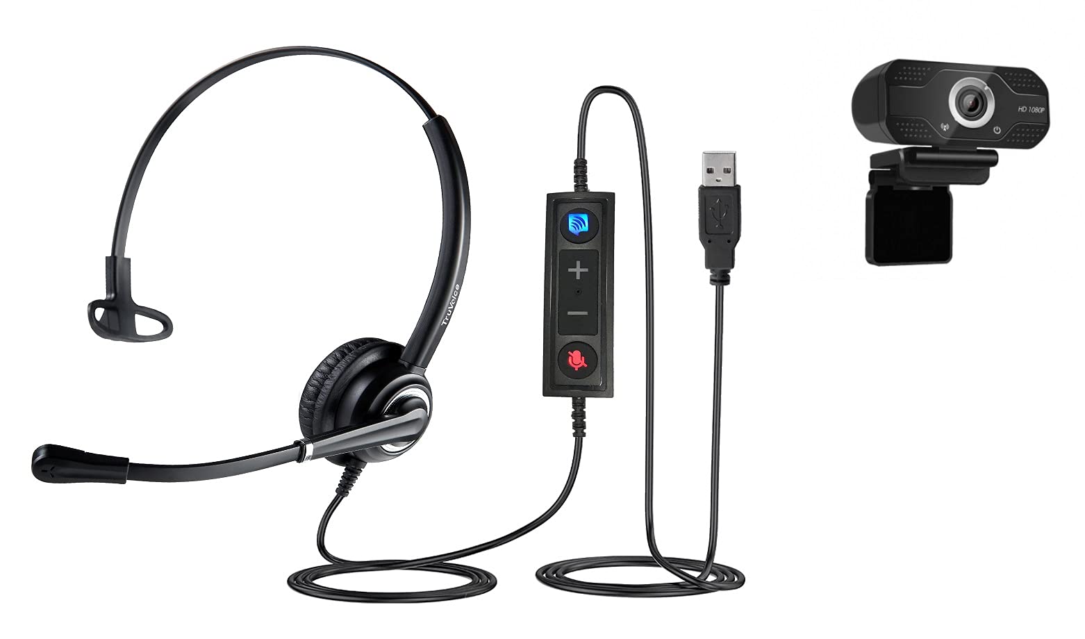 TruVoice VoicePro 10 USB Headset & 1080P HD Webcam Bundle - Noise Cancelling Single Ear Headphone with Microphone for PC, Mac, Laptop - Perfect for Remote Work, Online Meetings, Video Calls & Web Conferencing